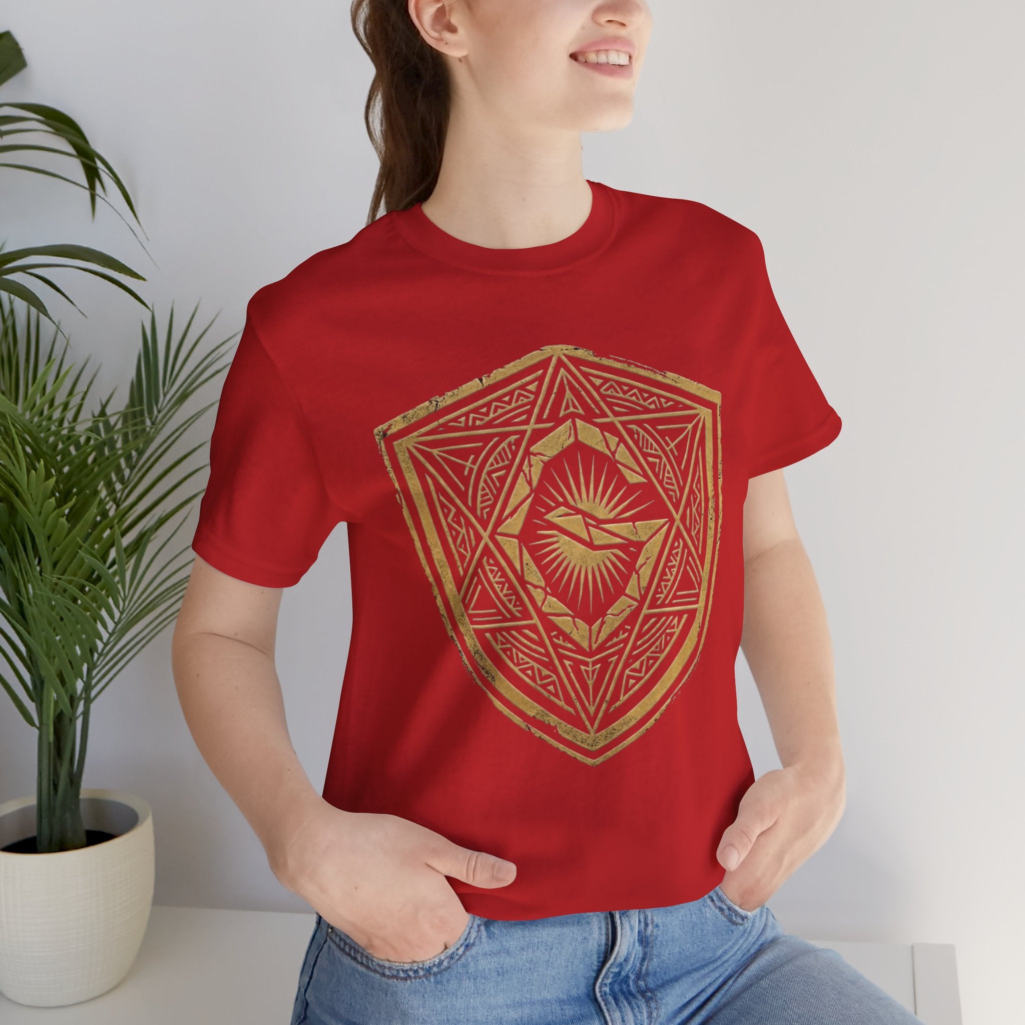 Mystic Golden Sigil Shield T-Shirt — Geometric Power Symbol Tee