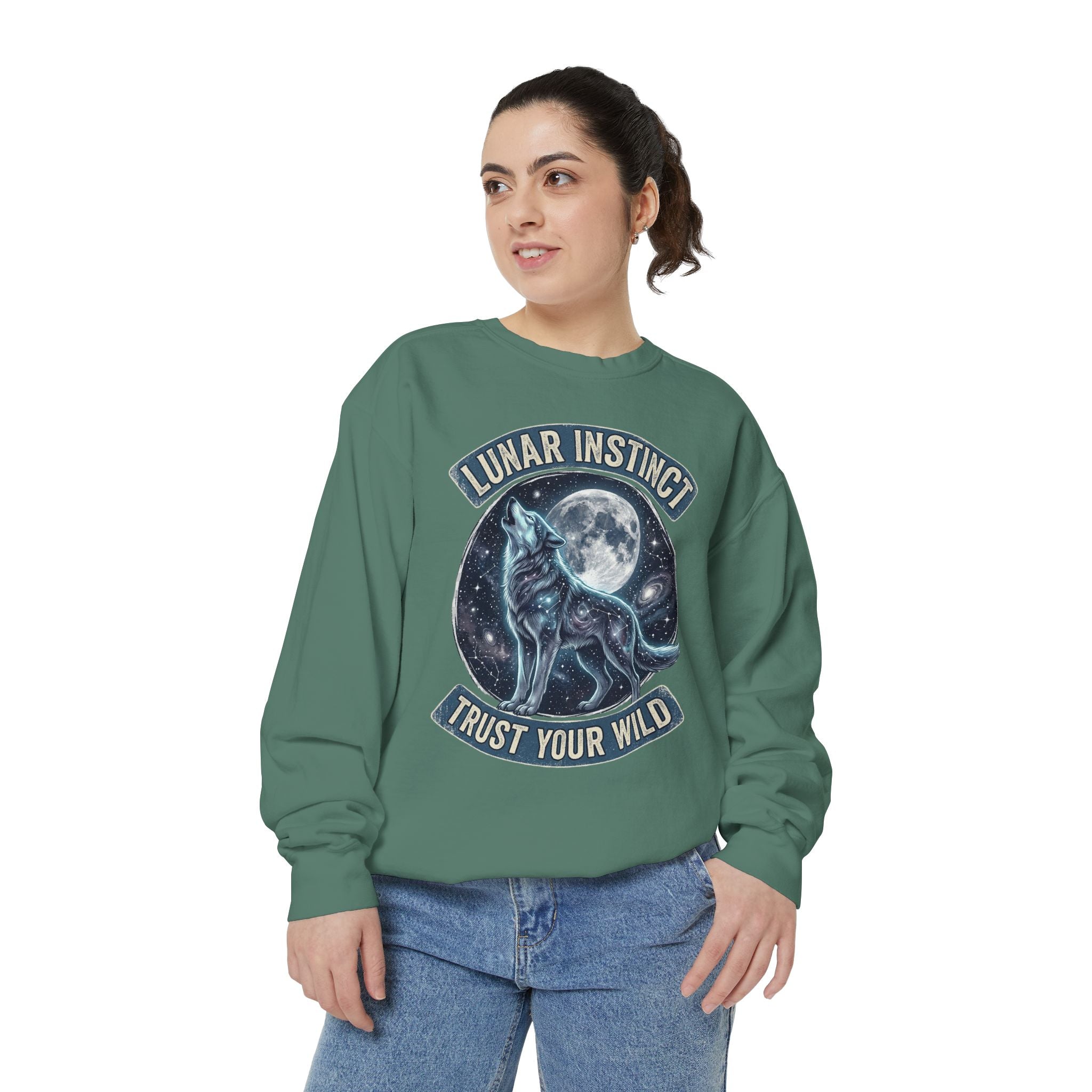 Lunar Instinct Wolf Sweatshirt — "Trust Your Wild" Moon Wolf Crewneck