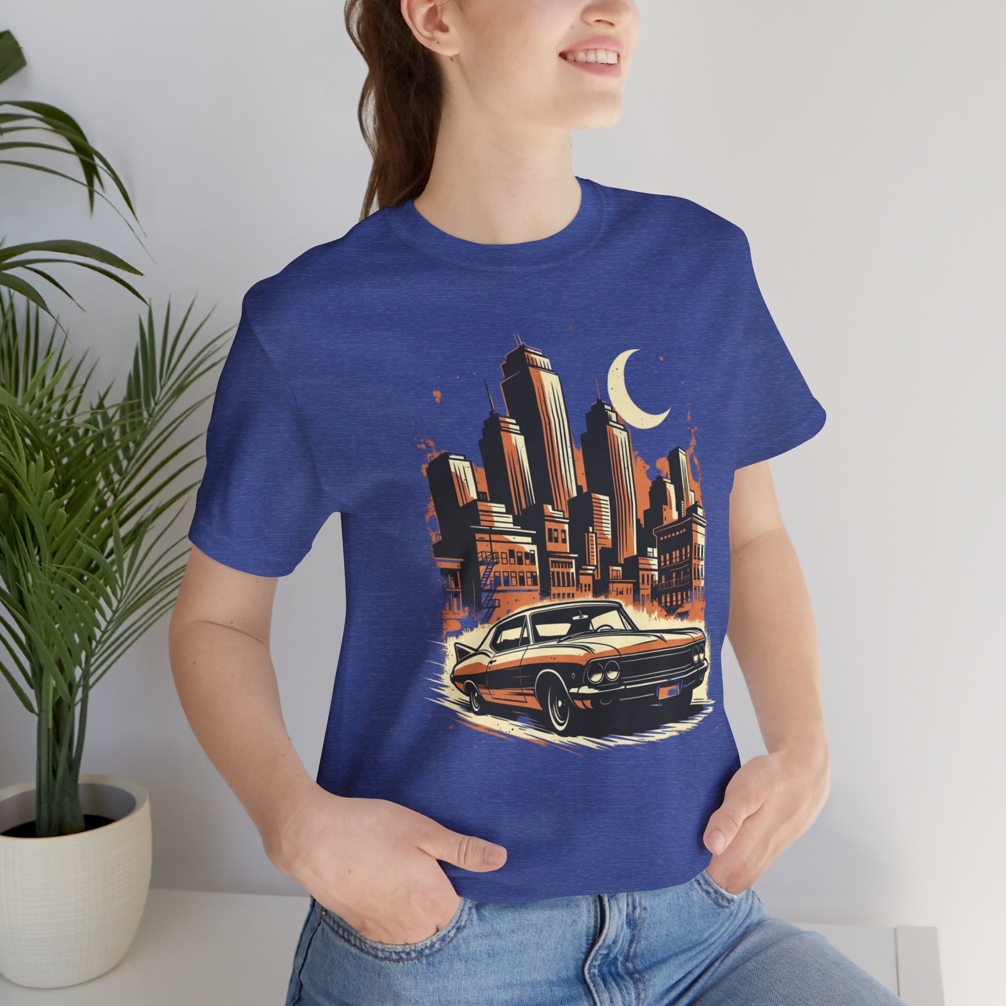 Vintage Muscle Car T-Shirt — Retro City Skyline Graphic Tee for Classic Car Lovers