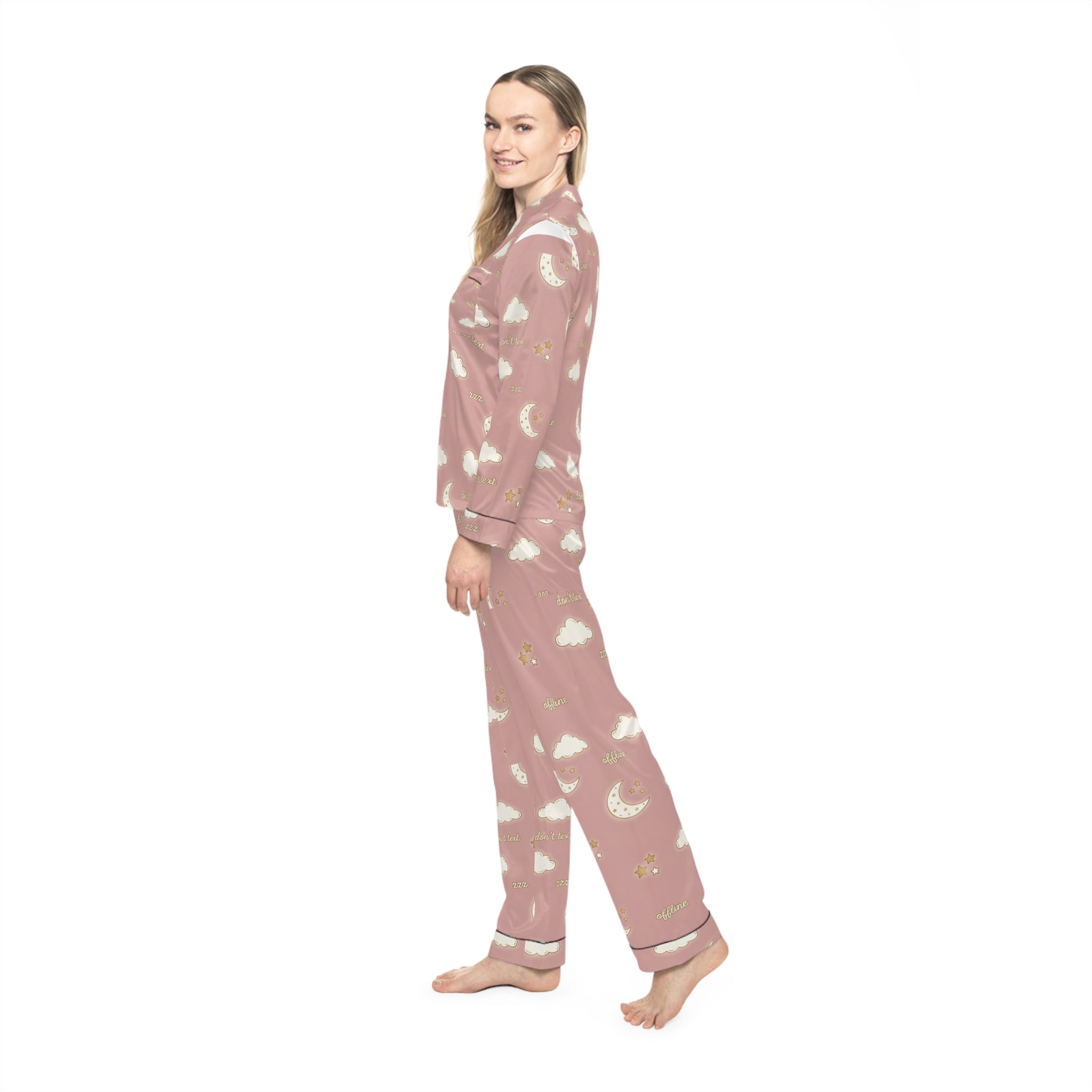 Dreamscape Satin Pajama Set — Blush Moon & Cloud Print Women's Pajamas