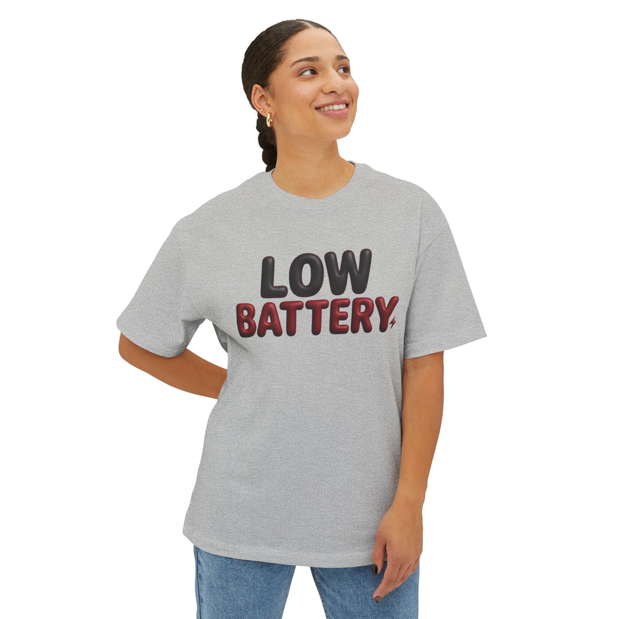 Low Battery Oversized Boxy Tee — Funny "Low Battery" Graphic T-Shirt