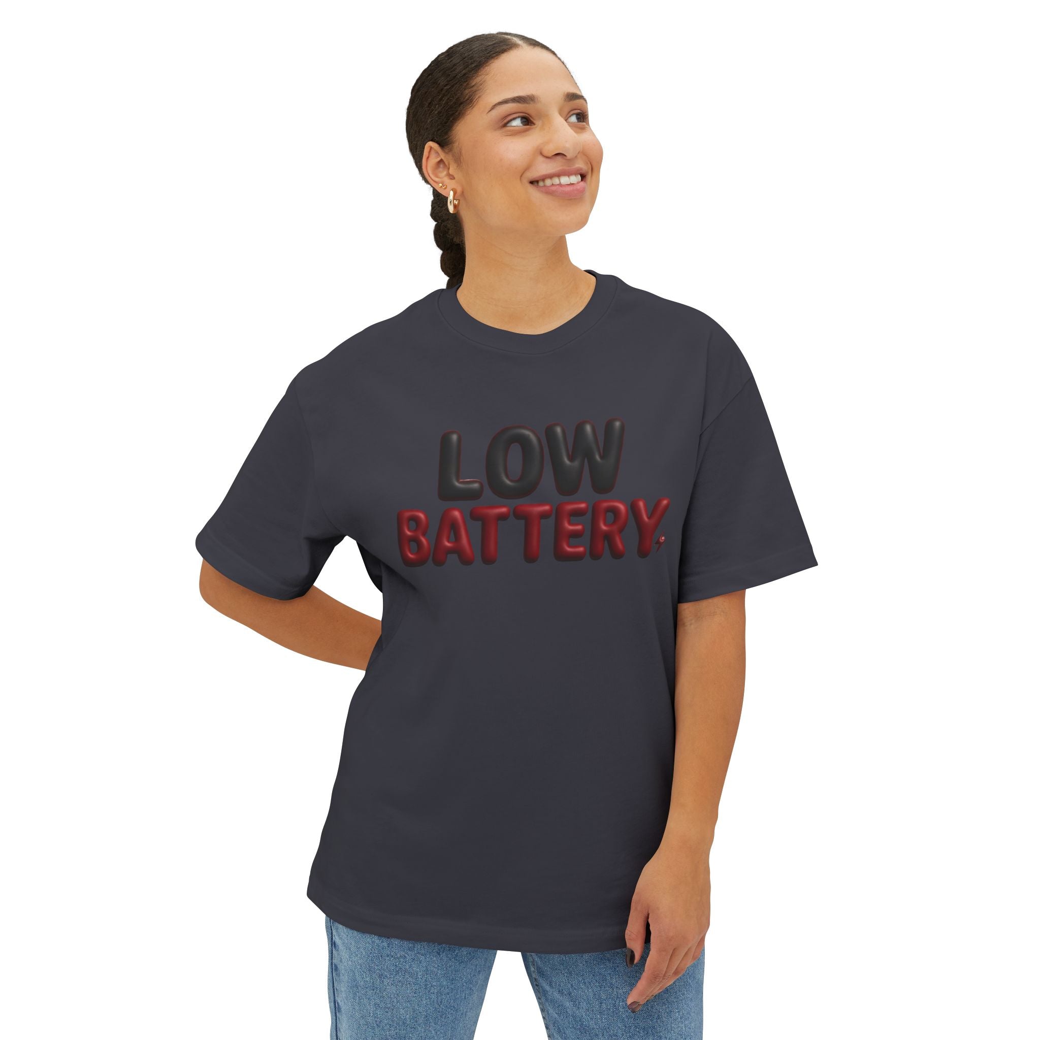 Low Battery Oversized Boxy Tee — Funny "Low Battery" Graphic T-Shirt