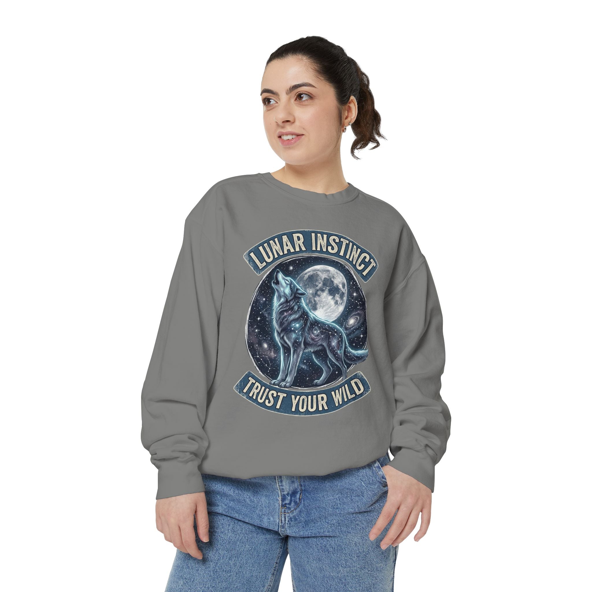 Lunar Instinct Wolf Sweatshirt — "Trust Your Wild" Moon Wolf Crewneck
