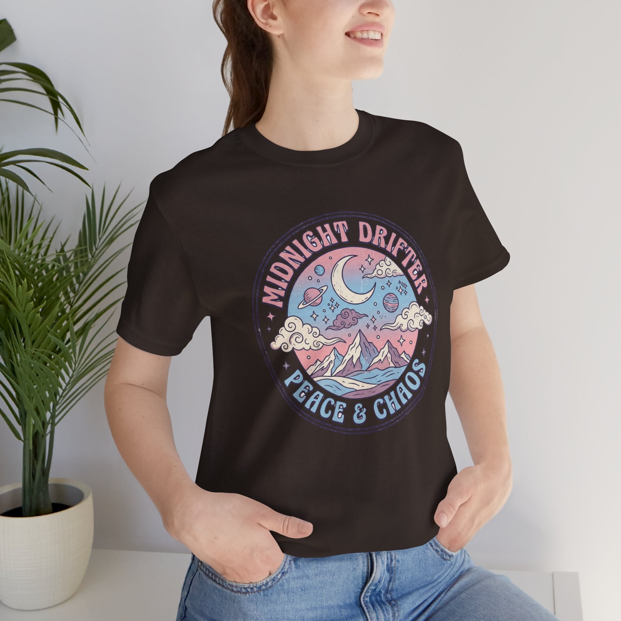 Midnight Drifter Tee — 'Peace & Chaos' Retro Moon & Mountain Graphic T-Shirt