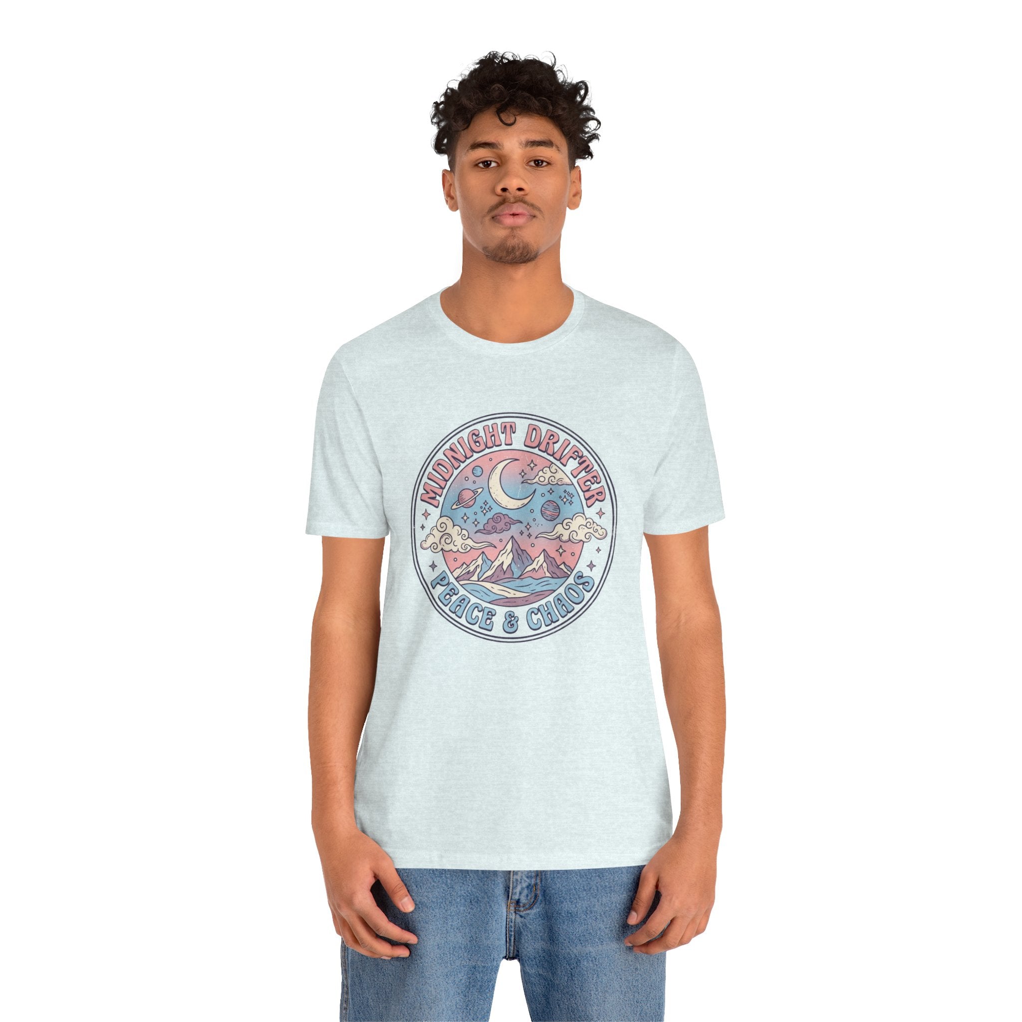 Midnight Drifter Tee — 'Peace & Chaos' Retro Moon & Mountain Graphic T-Shirt