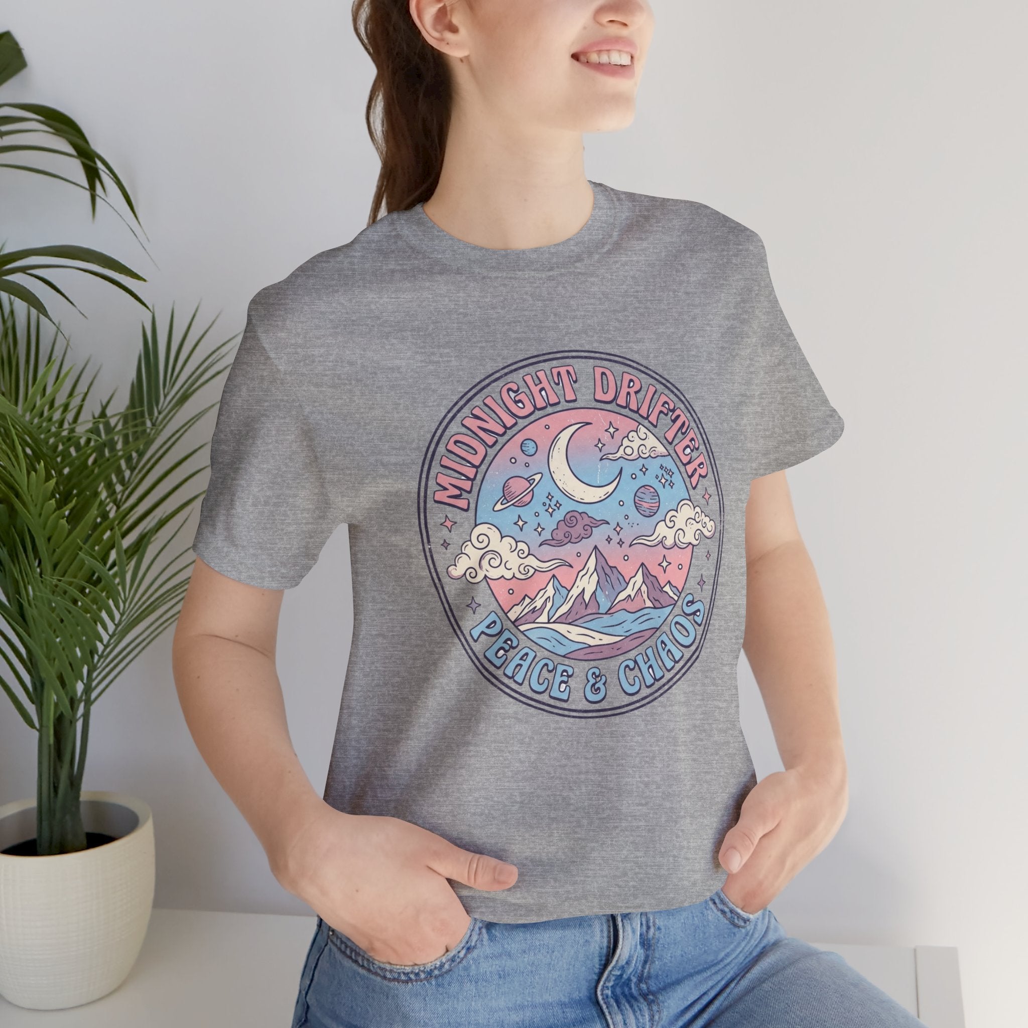 Midnight Drifter Tee — 'Peace & Chaos' Retro Moon & Mountain Graphic T-Shirt