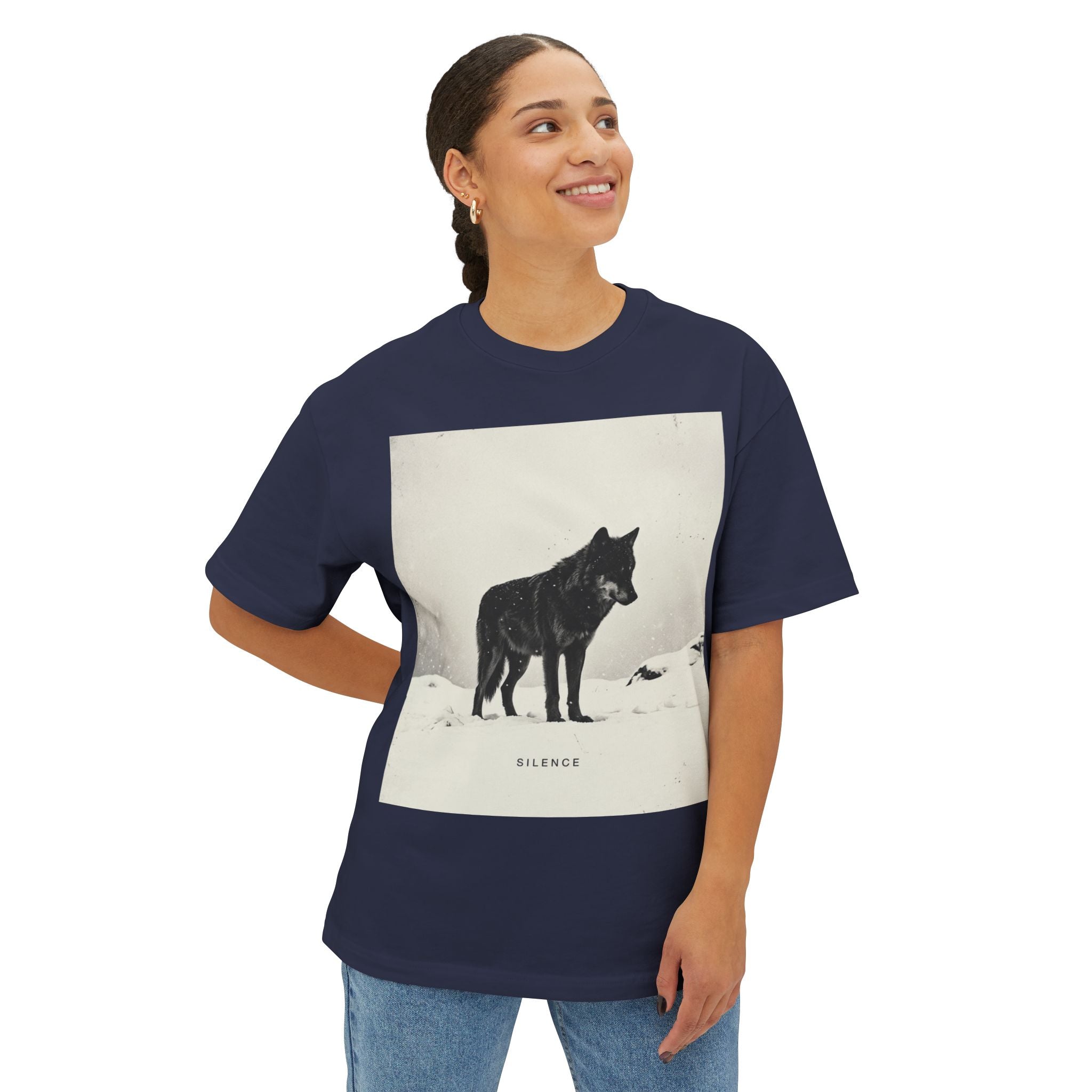 Silence” Minimal Wolf Graphic Tee – Oversized Boxy Natural Aesthetic T-Shirt
