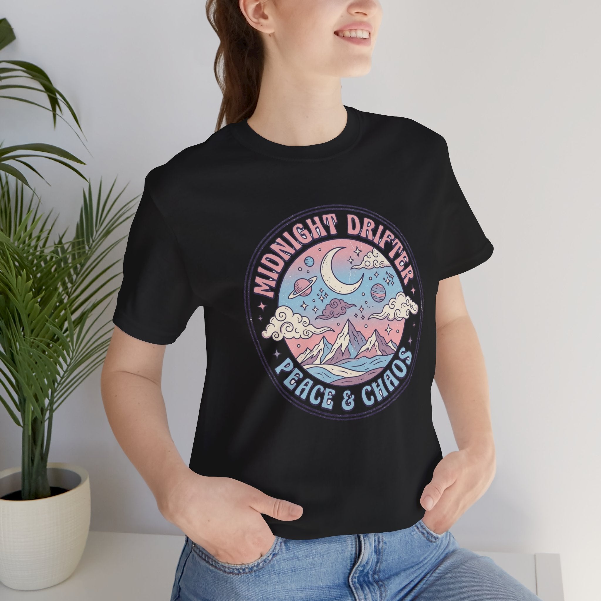 Midnight Drifter Tee — 'Peace & Chaos' Retro Moon & Mountain Graphic T-Shirt
