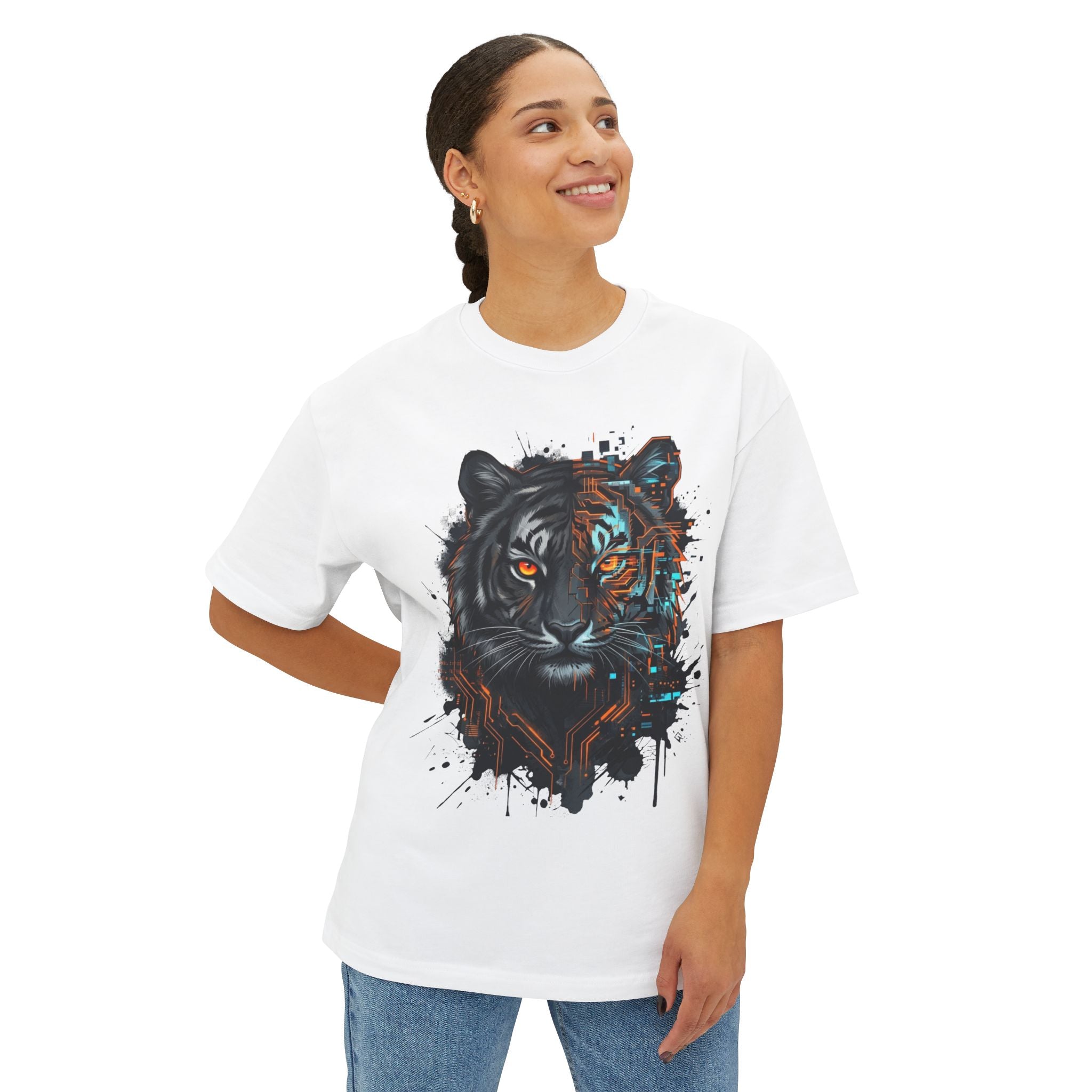 Cyberpunk Split Tiger Oversized T-Shirt — Primal Circuit Graphic Tee