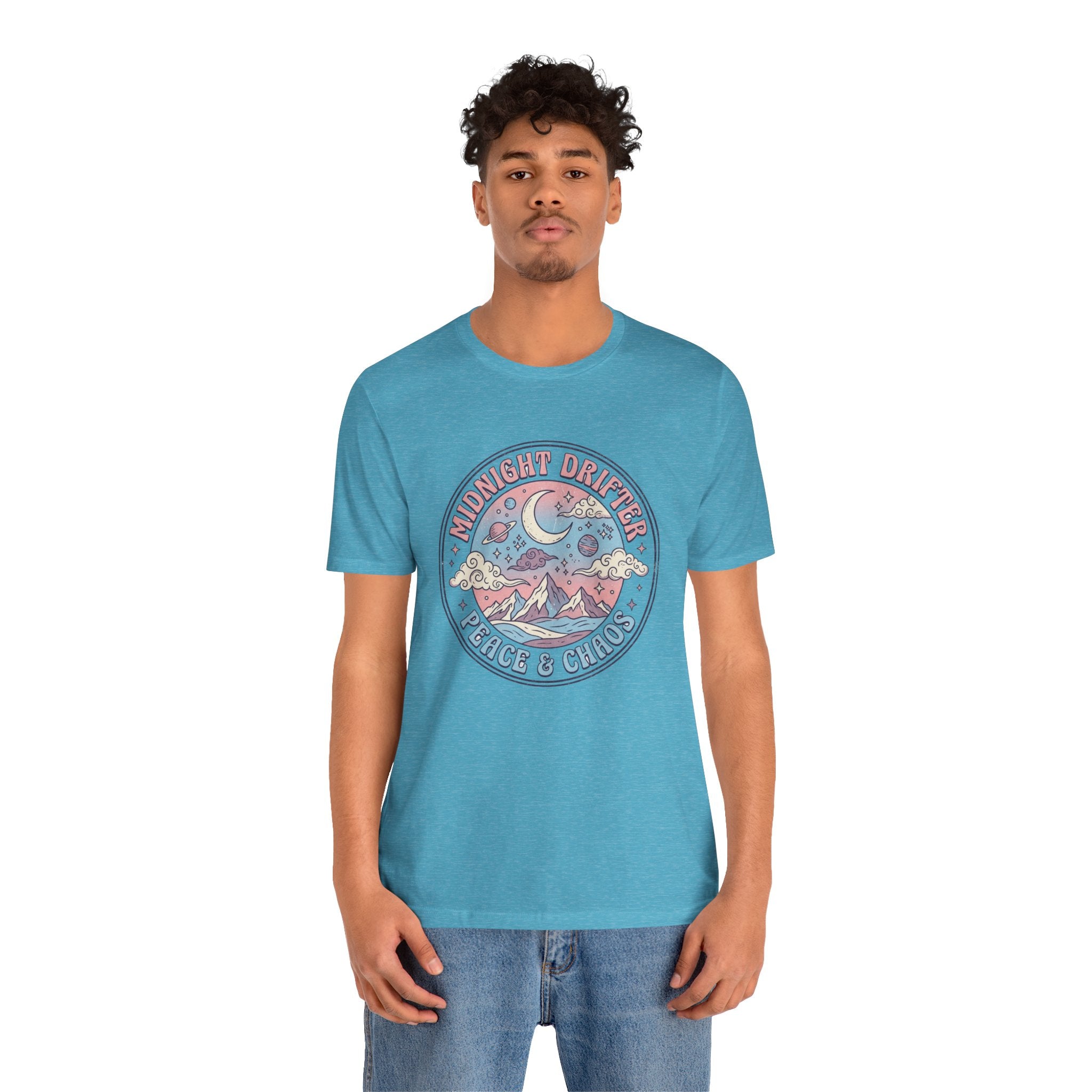 Midnight Drifter Tee — 'Peace & Chaos' Retro Moon & Mountain Graphic T-Shirt