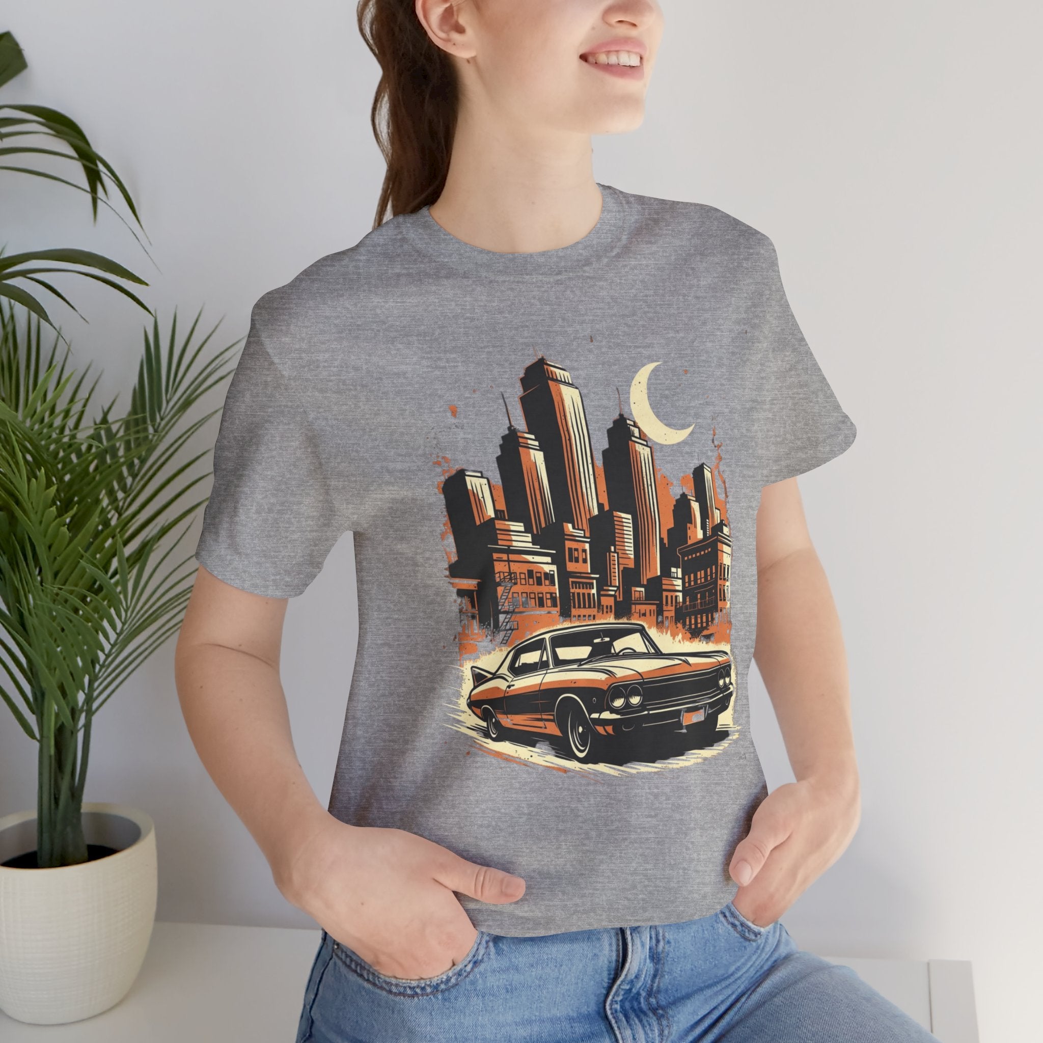 Vintage Muscle Car T-Shirt — Retro City Skyline Graphic Tee for Classic Car Lovers