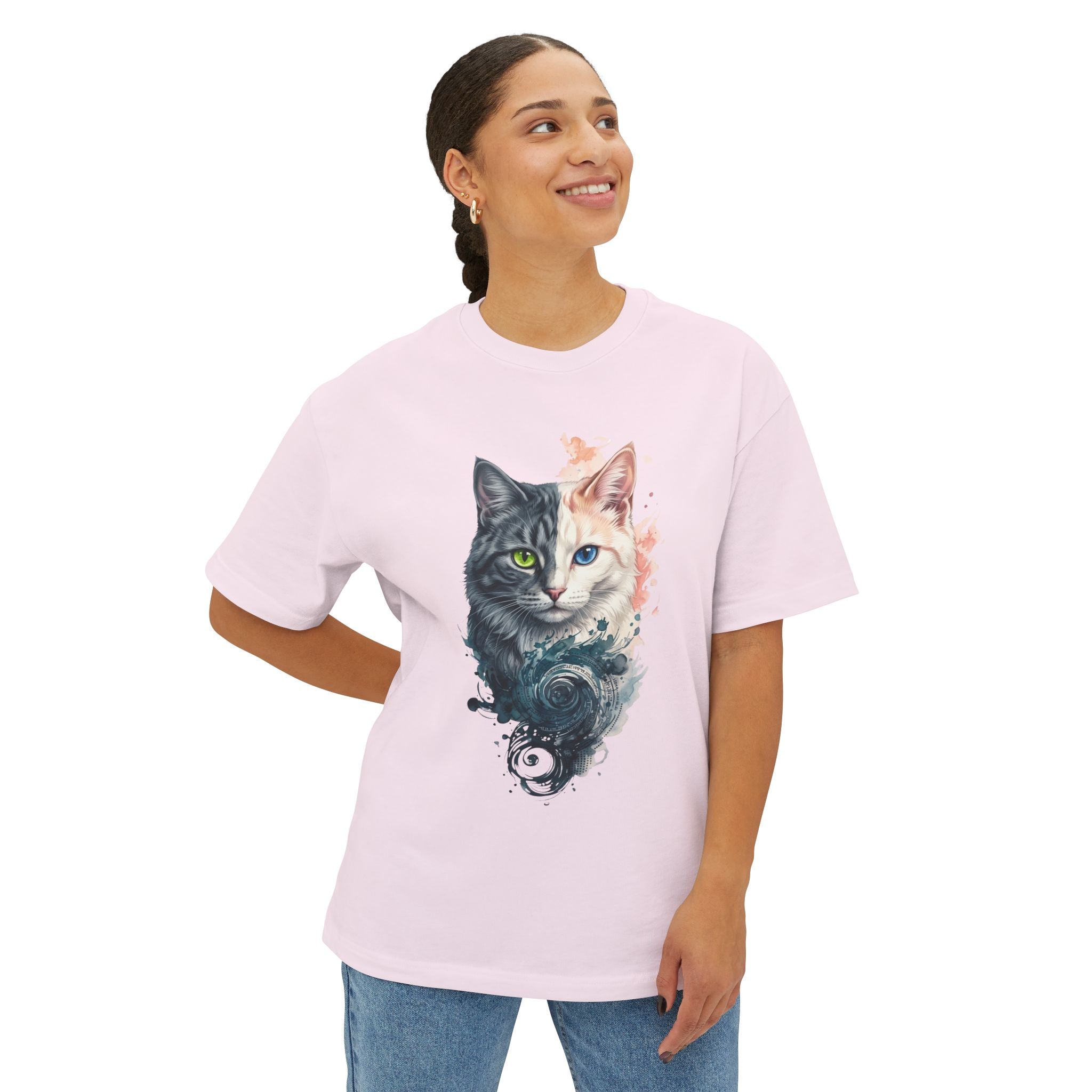 Yin Yang Cat Oversized Tee — Artistic Dual-Face Primal Circuit Design