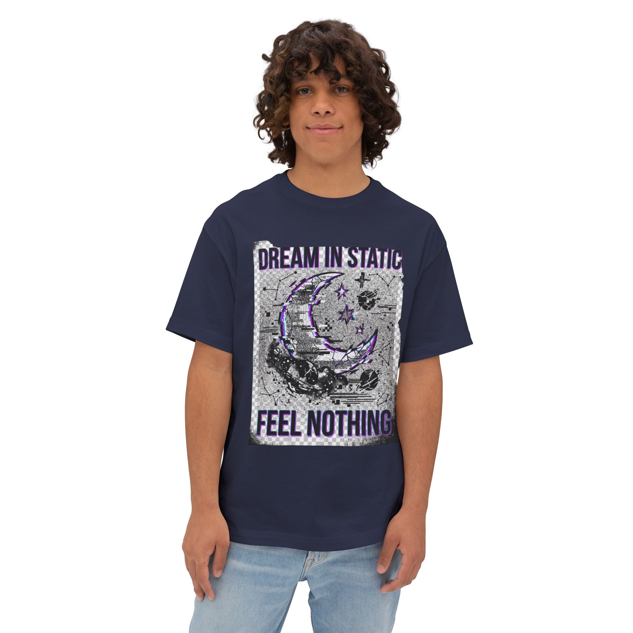 Dream in Static — Dark Aesthetic Graphic Tee (Grunge Moon, "Feel Nothing")