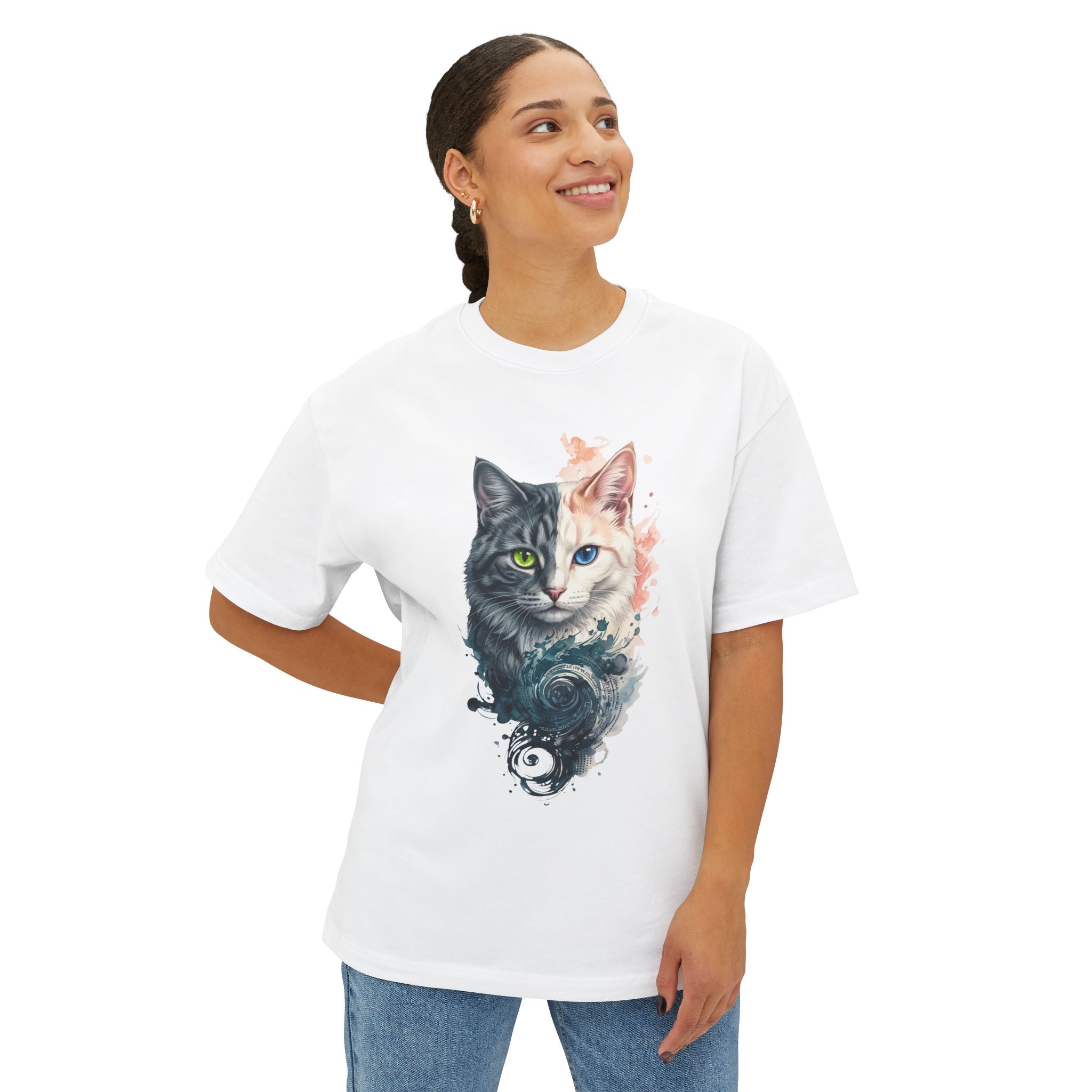 Yin Yang Cat Oversized Tee — Artistic Dual-Face Primal Circuit Design