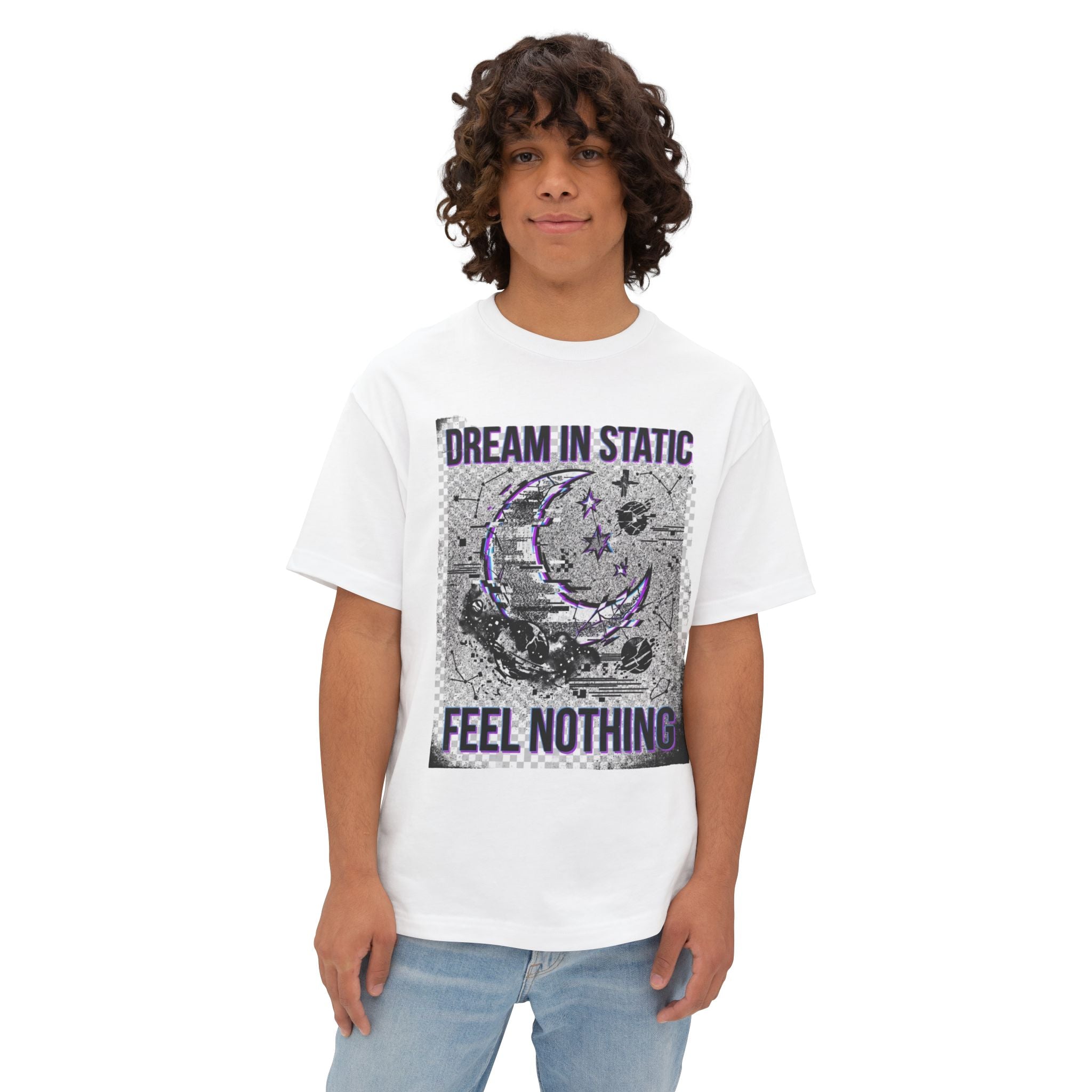 Dream in Static — Dark Aesthetic Graphic Tee (Grunge Moon, "Feel Nothing")