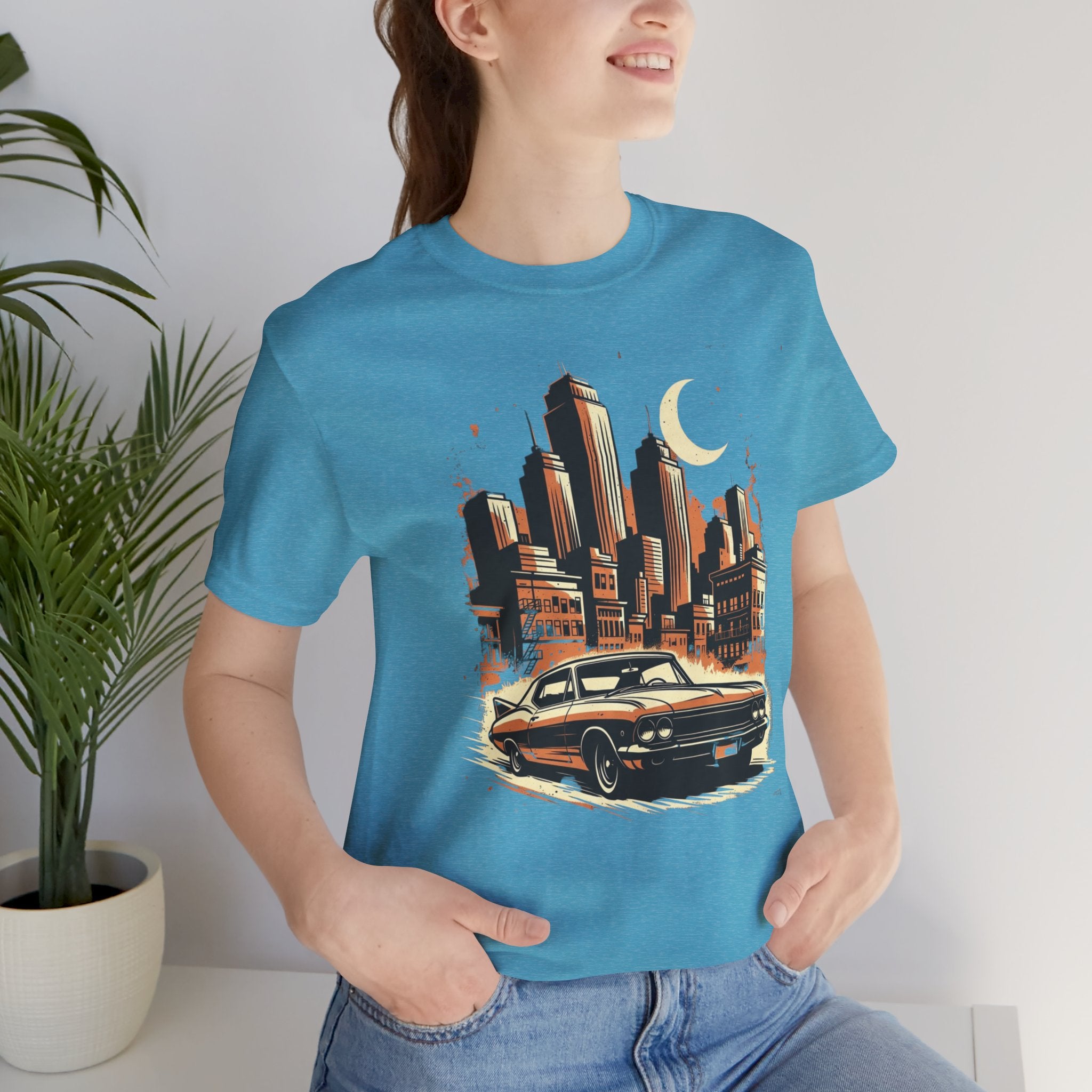 Vintage Muscle Car T-Shirt — Retro City Skyline Graphic Tee for Classic Car Lovers