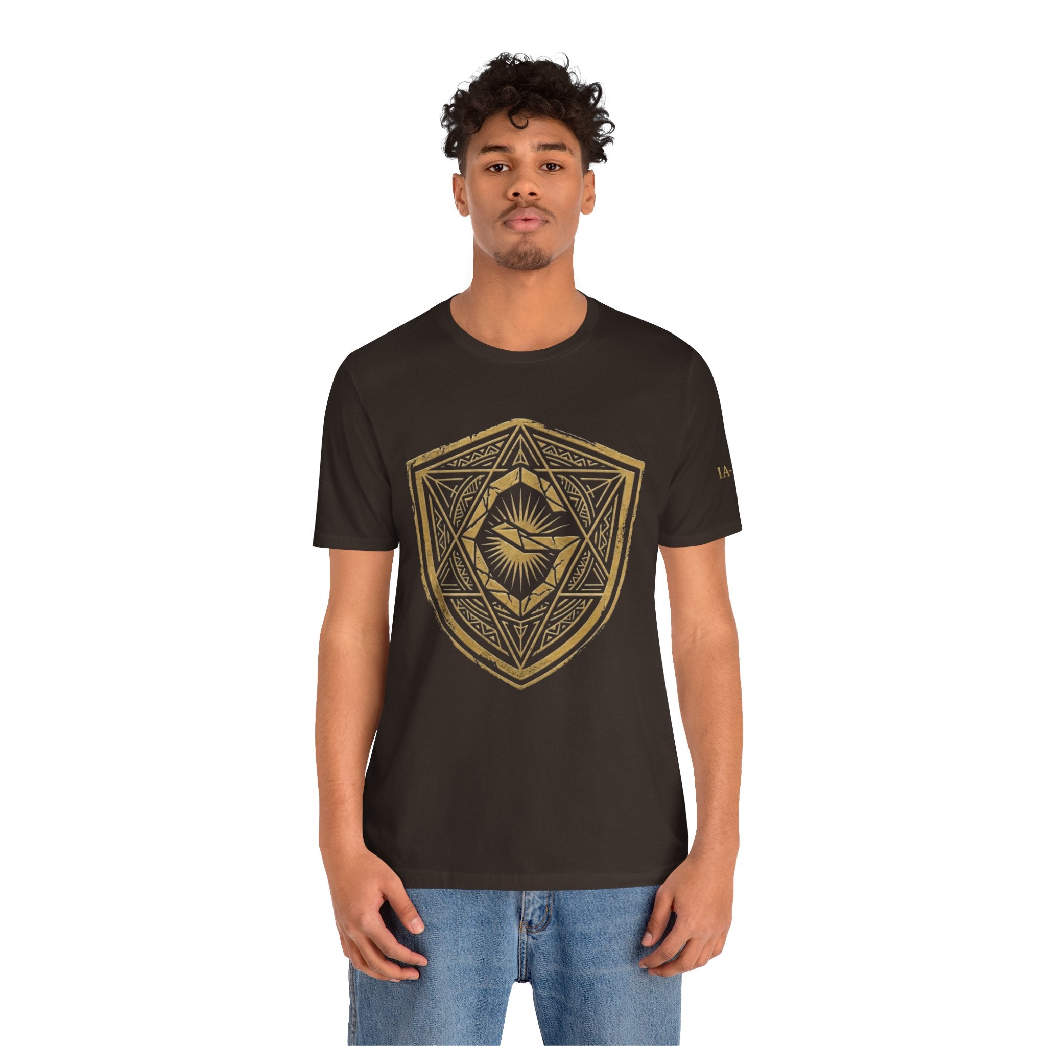 Mystic Golden Sigil Shield T-Shirt — Geometric Power Symbol Tee