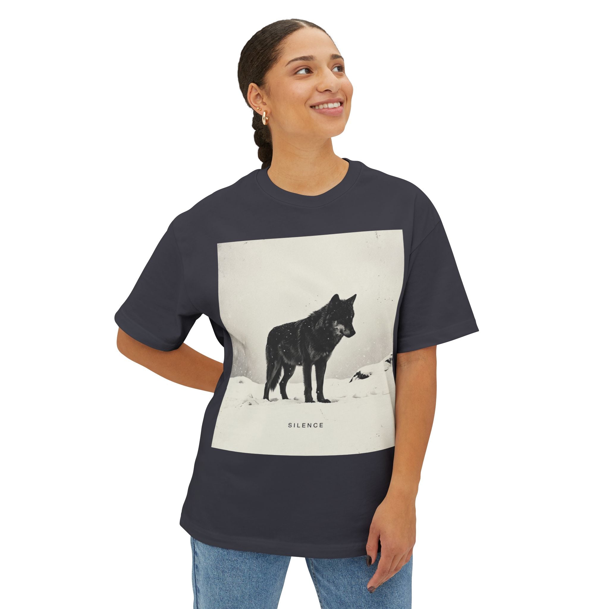 Silence” Minimal Wolf Graphic Tee – Oversized Boxy Natural Aesthetic T-Shirt