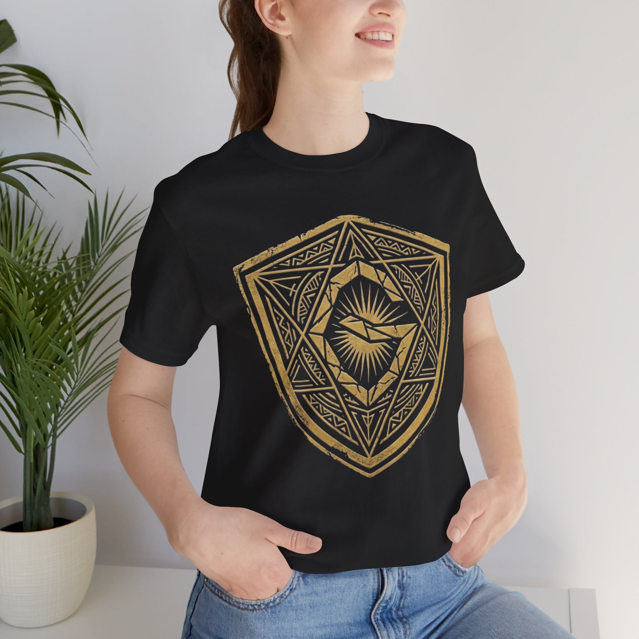 Mystic Golden Sigil Shield T-Shirt — Geometric Power Symbol Tee