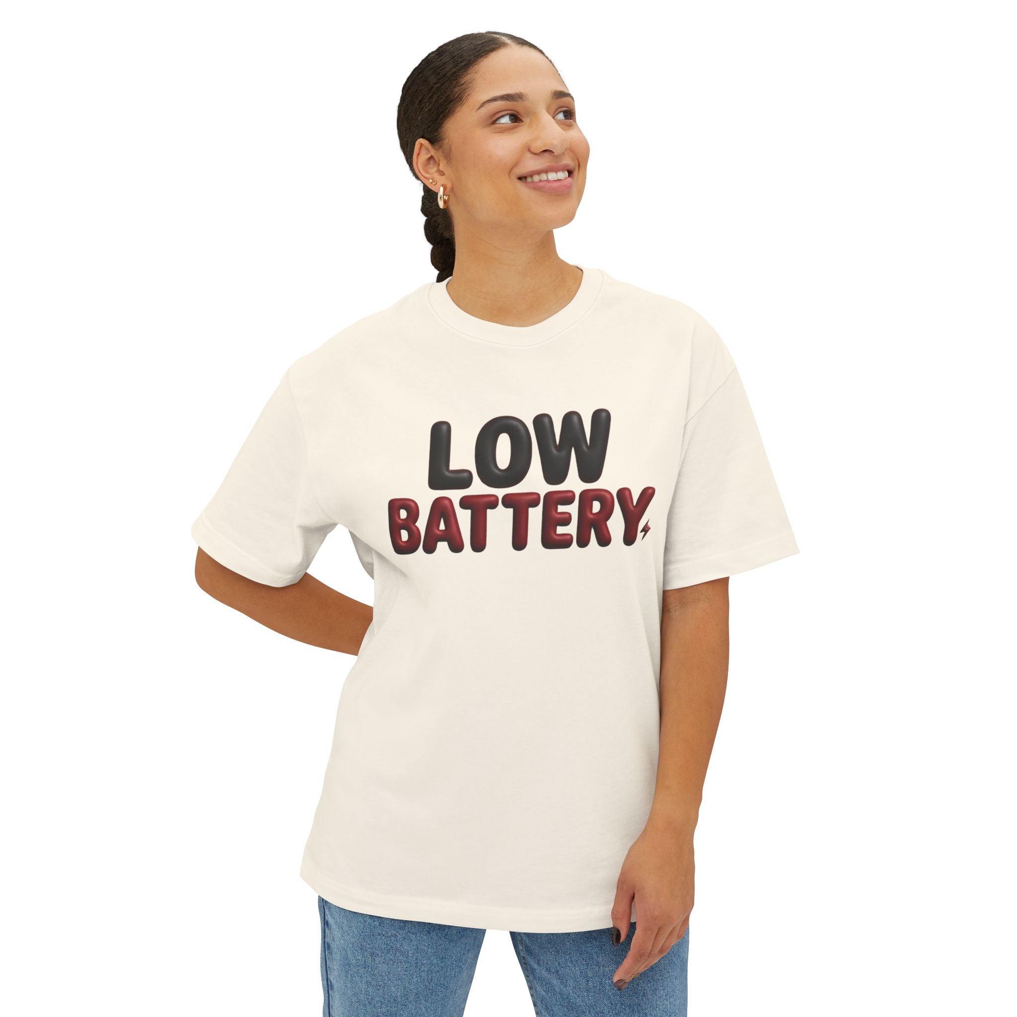 Low Battery Oversized Boxy Tee — Funny "Low Battery" Graphic T-Shirt