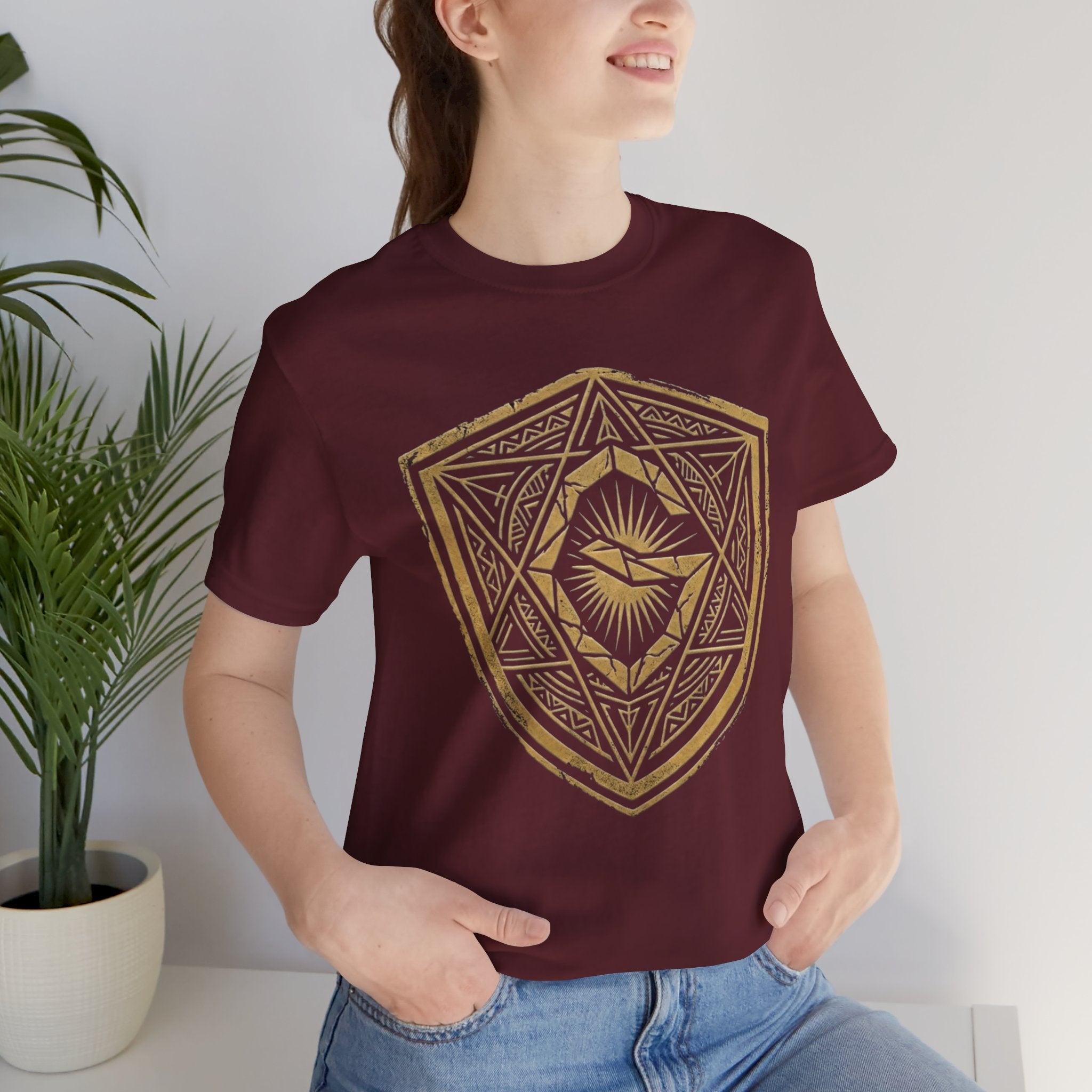 Mystic Golden Sigil Shield T-Shirt — Geometric Power Symbol Tee