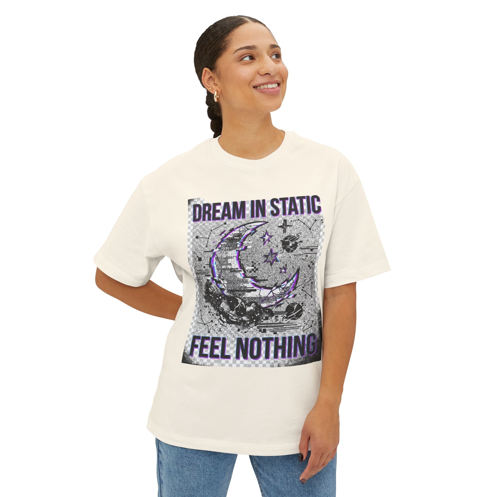 Dream in Static — Dark Aesthetic Graphic Tee (Grunge Moon, "Feel Nothing")