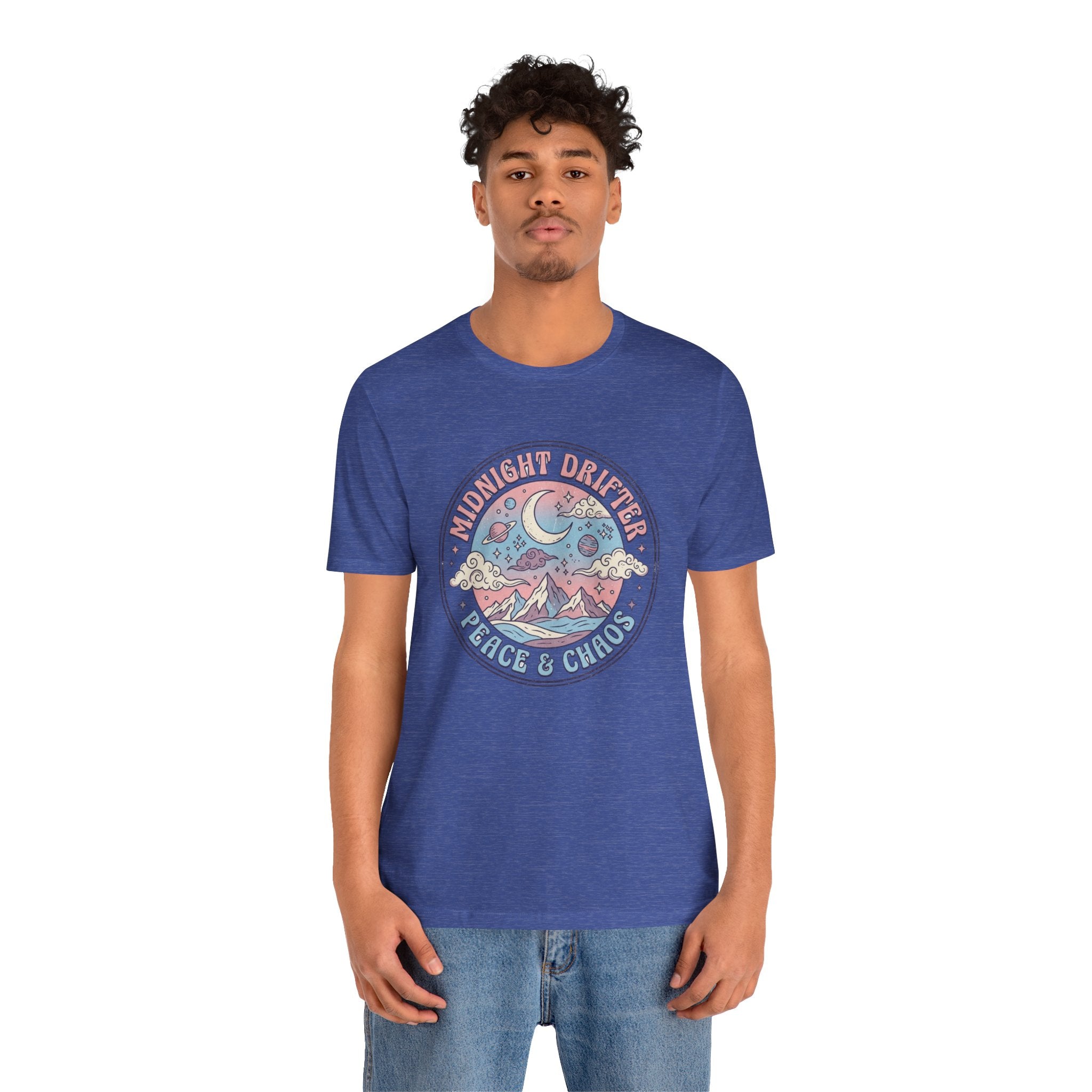 Midnight Drifter Tee — 'Peace & Chaos' Retro Moon & Mountain Graphic T-Shirt