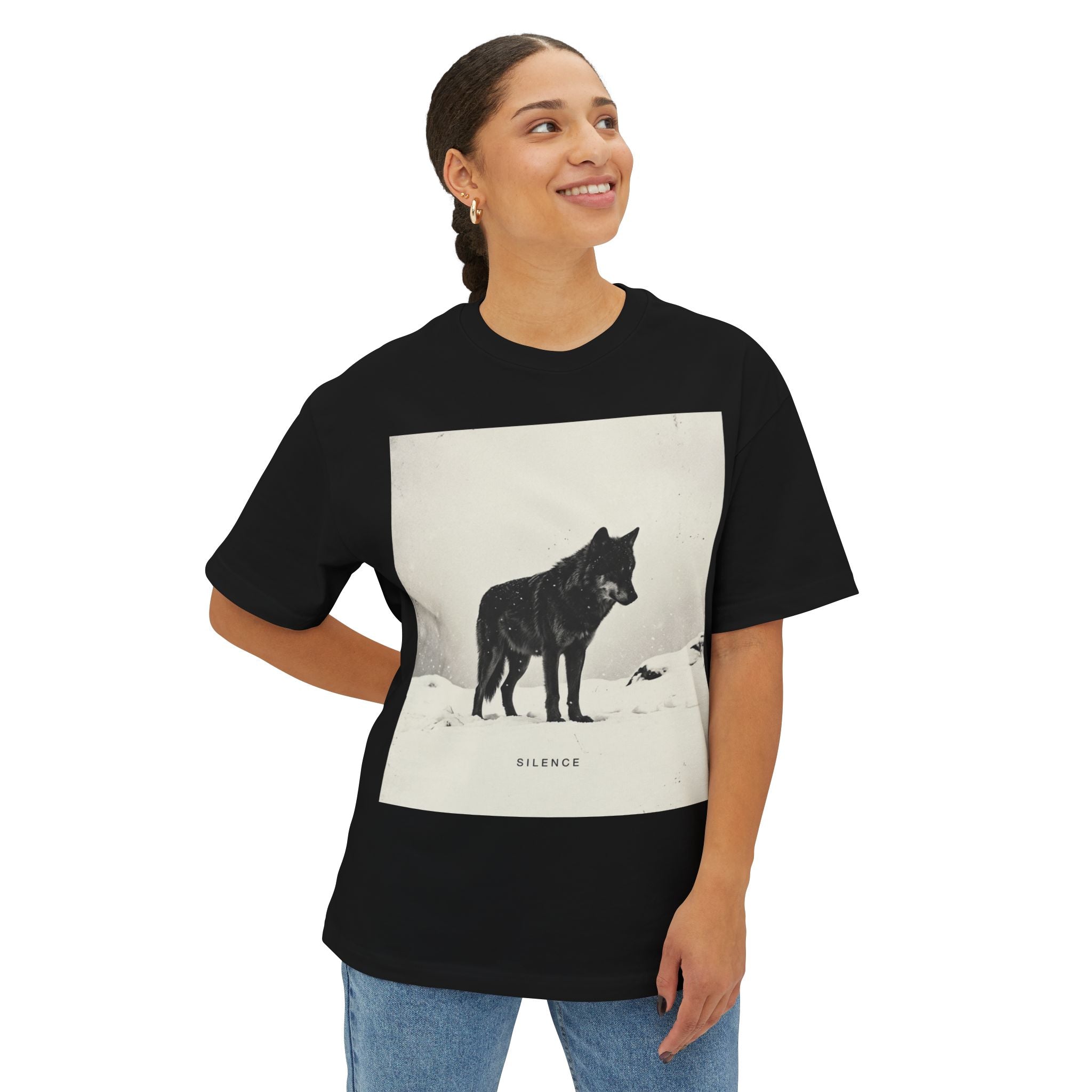 Silence” Minimal Wolf Graphic Tee – Oversized Boxy Natural Aesthetic T-Shirt
