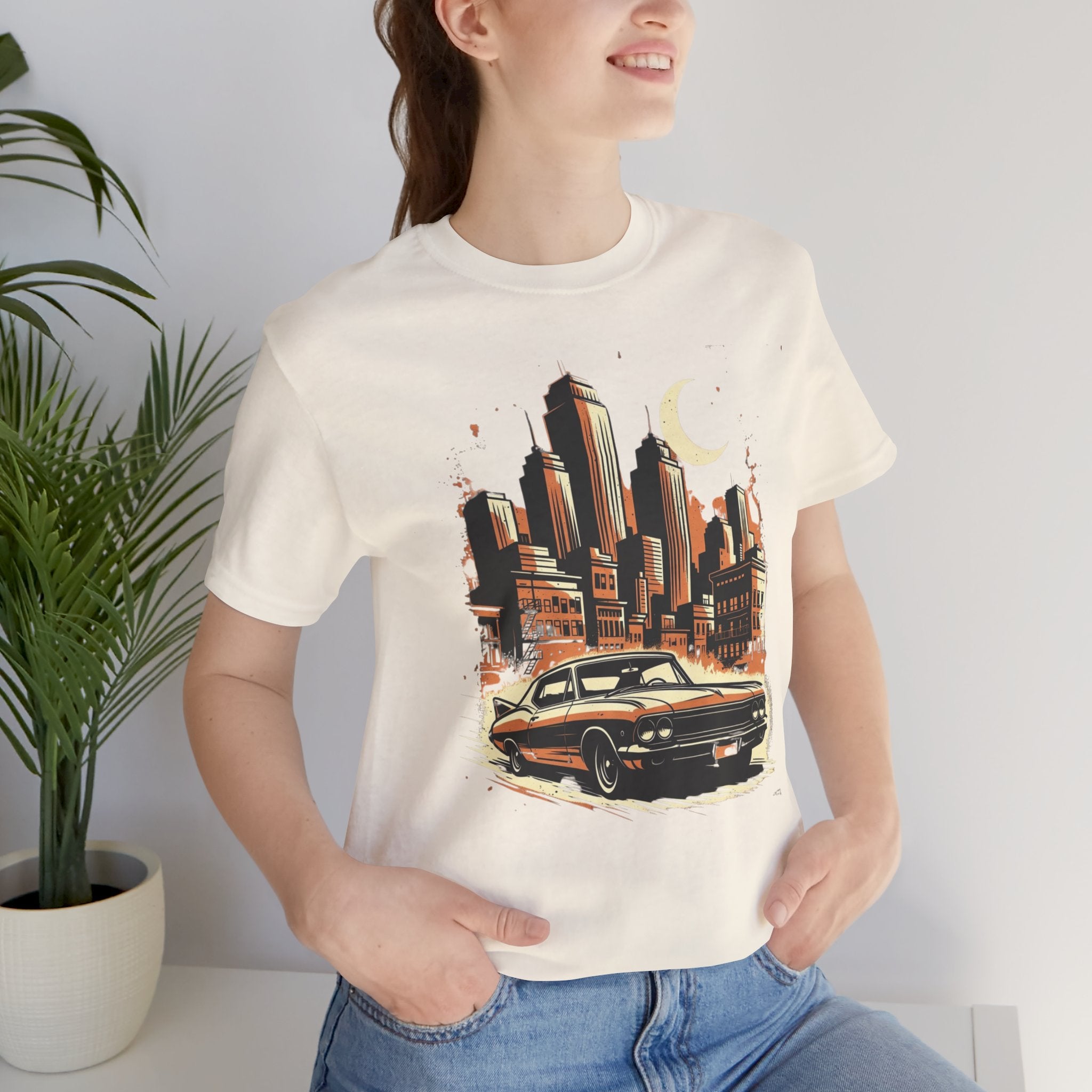 Vintage Muscle Car T-Shirt — Retro City Skyline Graphic Tee for Classic Car Lovers