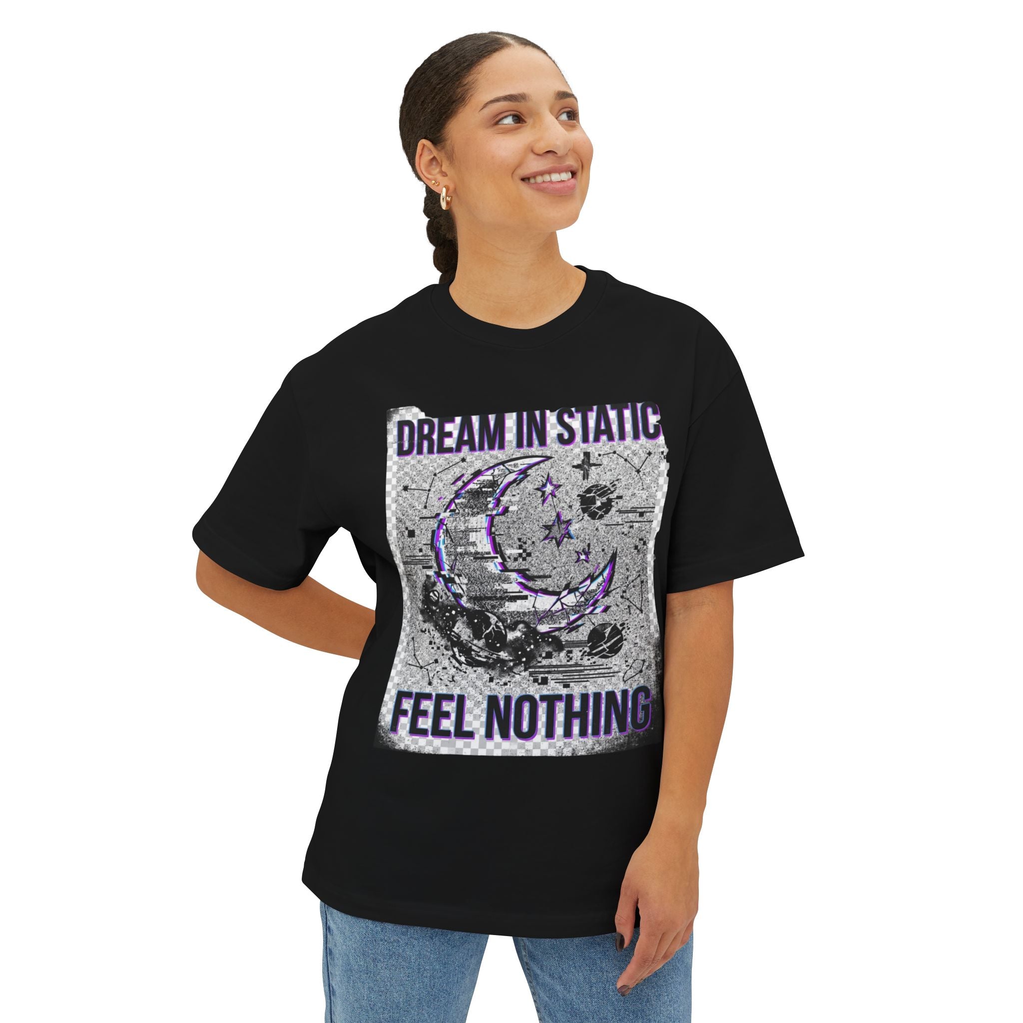 Dream in Static — Dark Aesthetic Graphic Tee (Grunge Moon, "Feel Nothing")