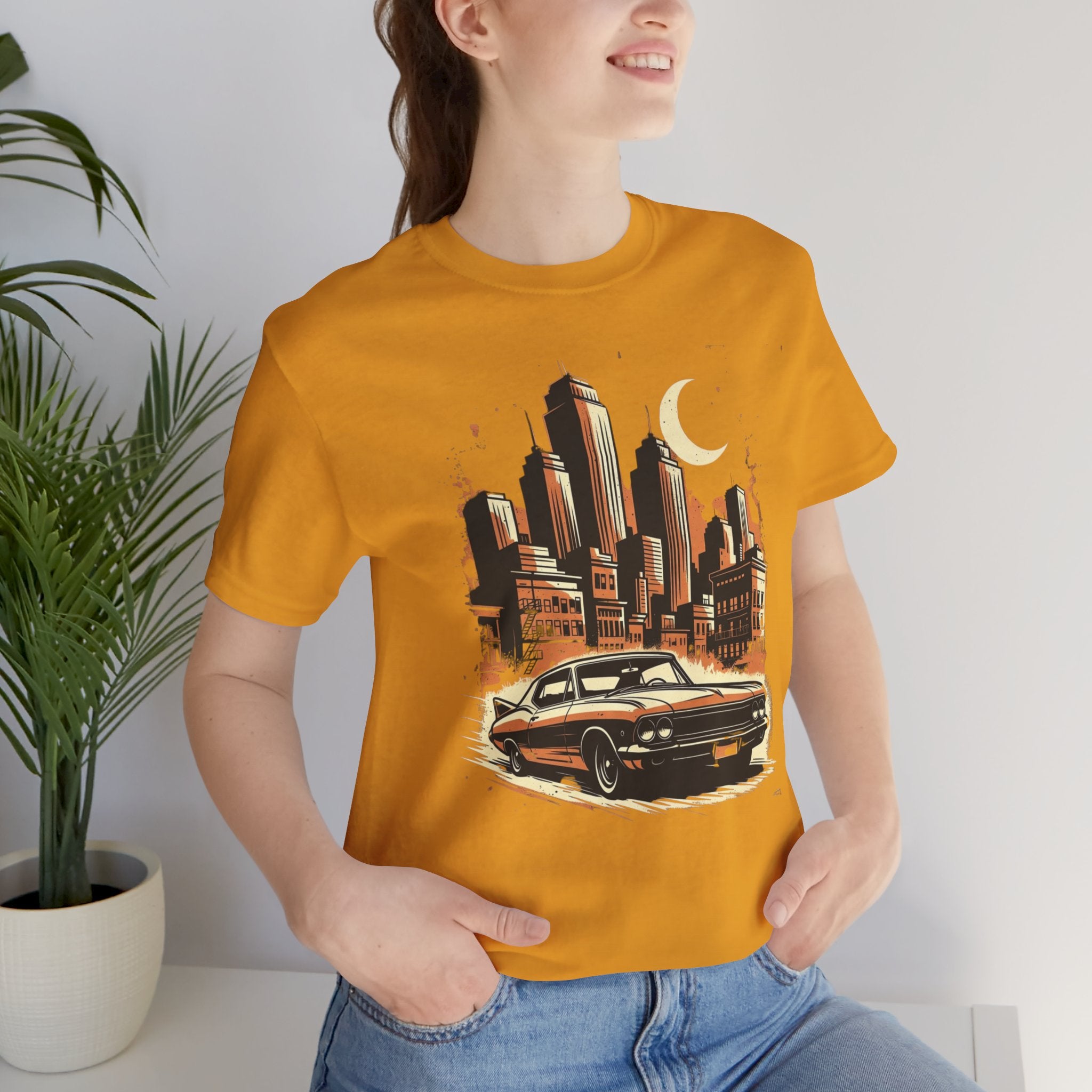 Vintage Muscle Car T-Shirt — Retro City Skyline Graphic Tee for Classic Car Lovers