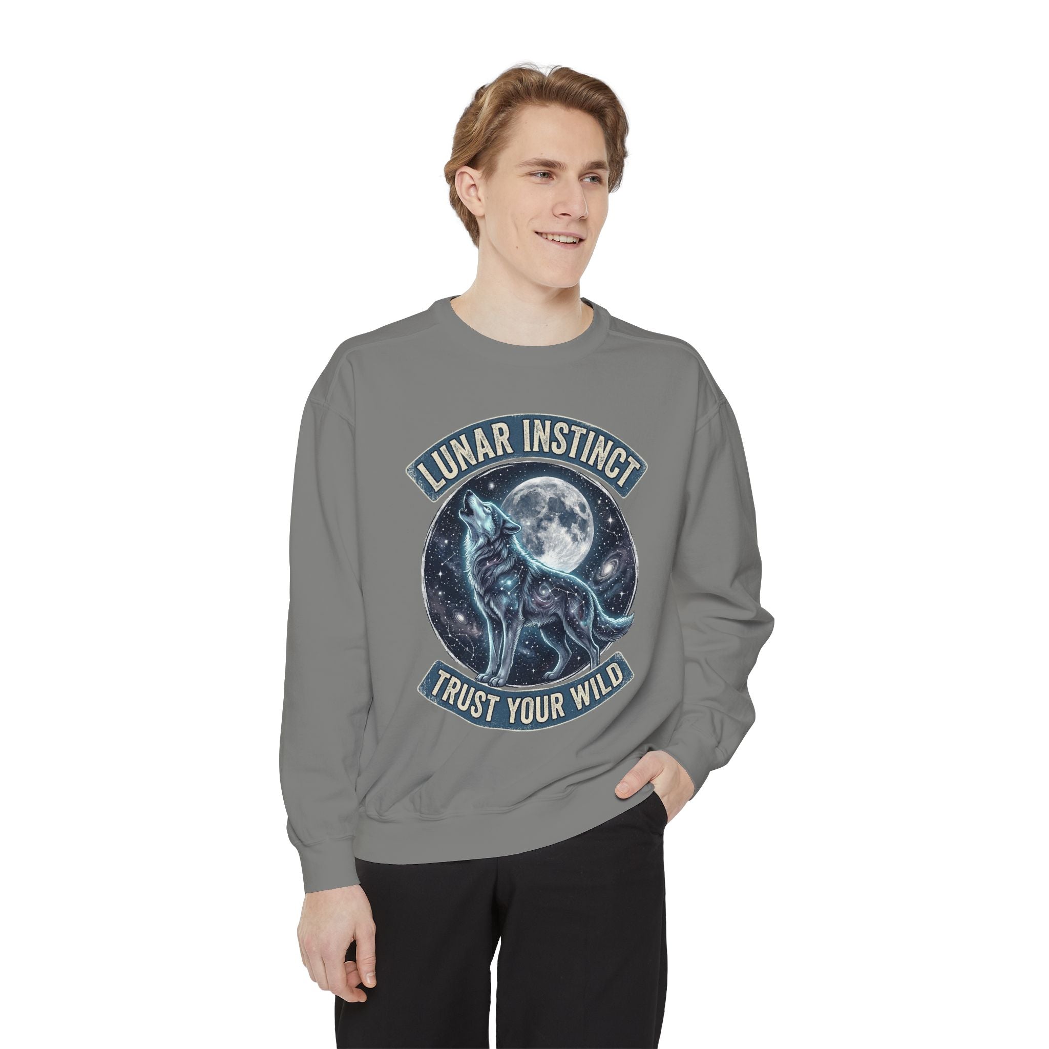Lunar Instinct Wolf Sweatshirt — "Trust Your Wild" Moon Wolf Crewneck