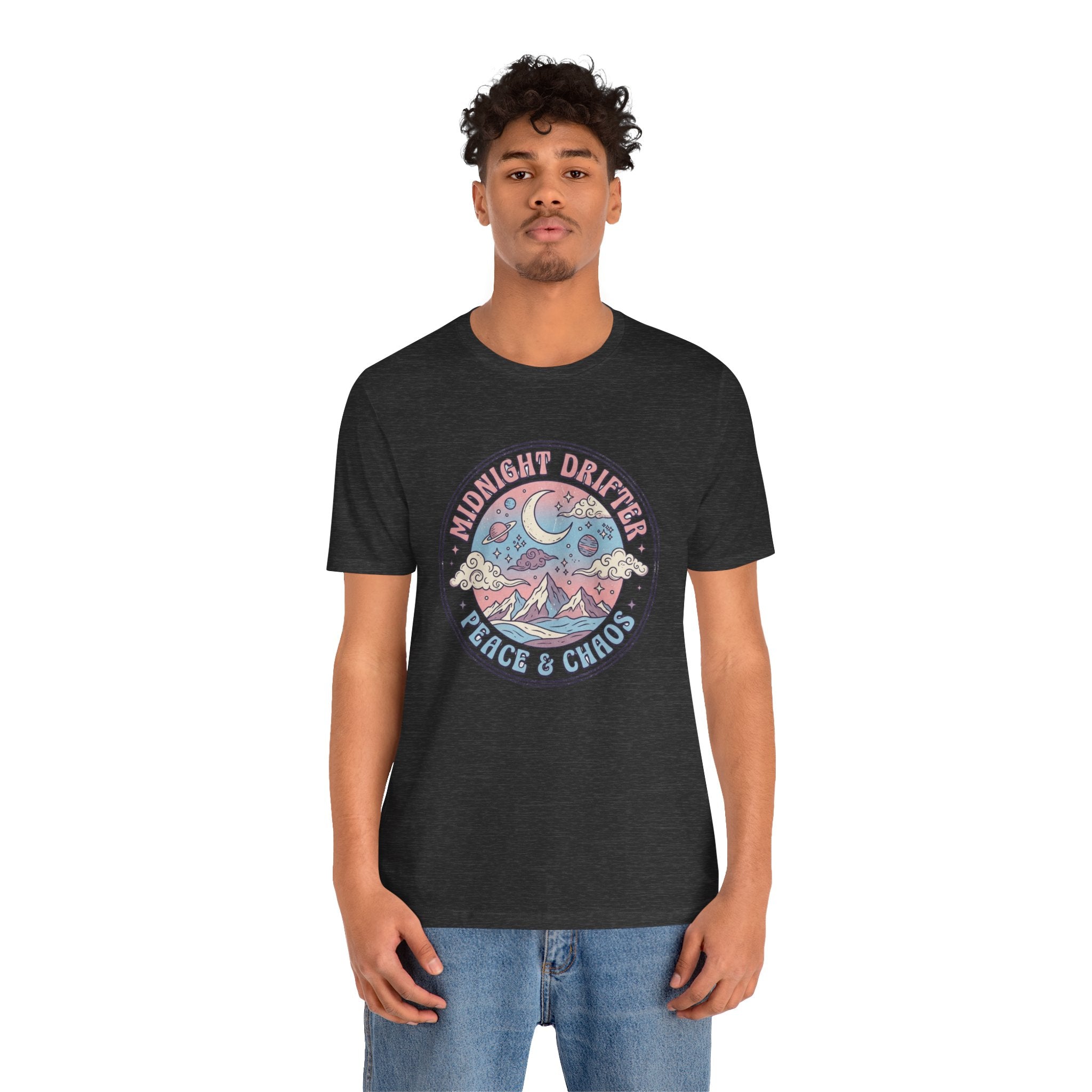 Midnight Drifter Tee — 'Peace & Chaos' Retro Moon & Mountain Graphic T-Shirt