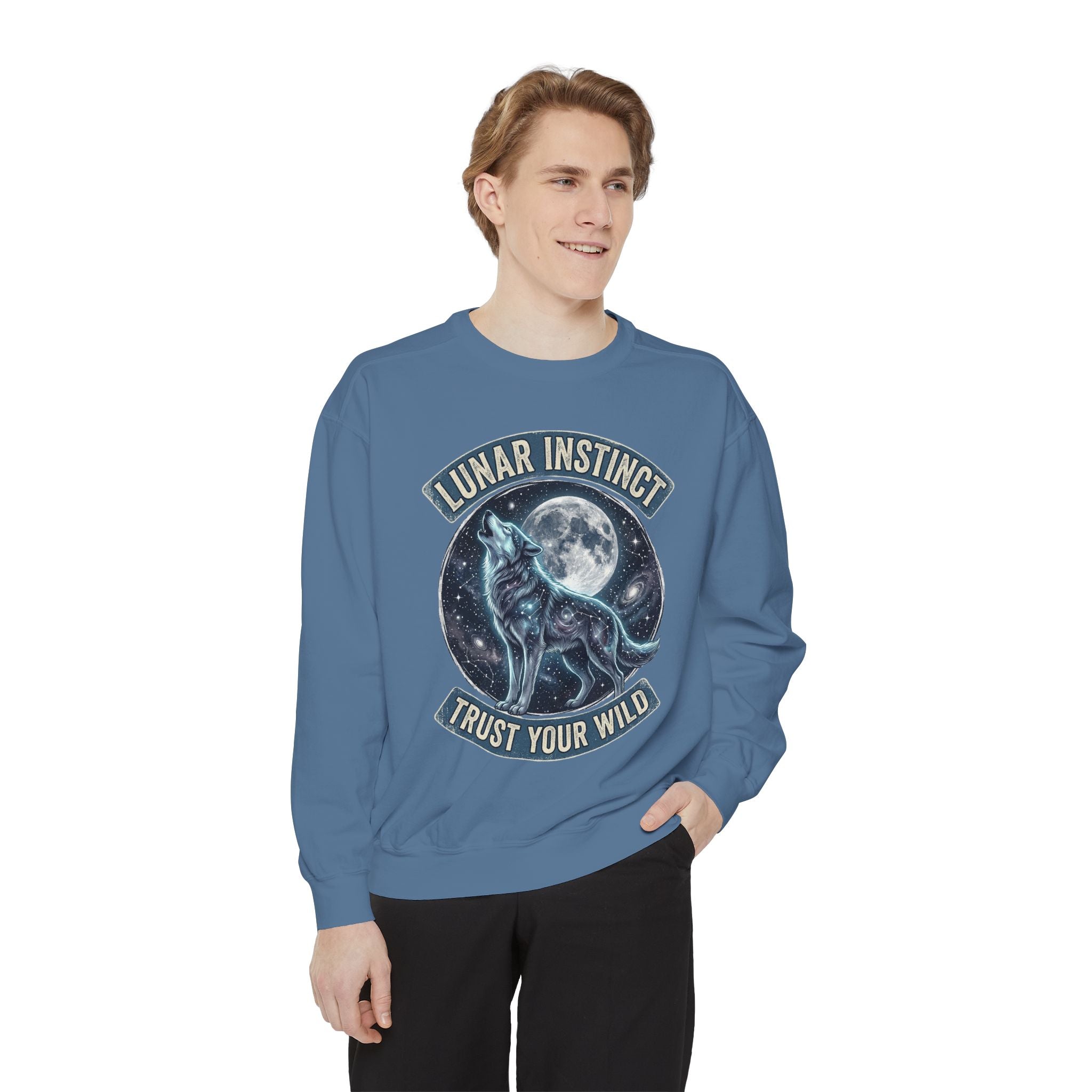 Lunar Instinct Wolf Sweatshirt — "Trust Your Wild" Moon Wolf Crewneck