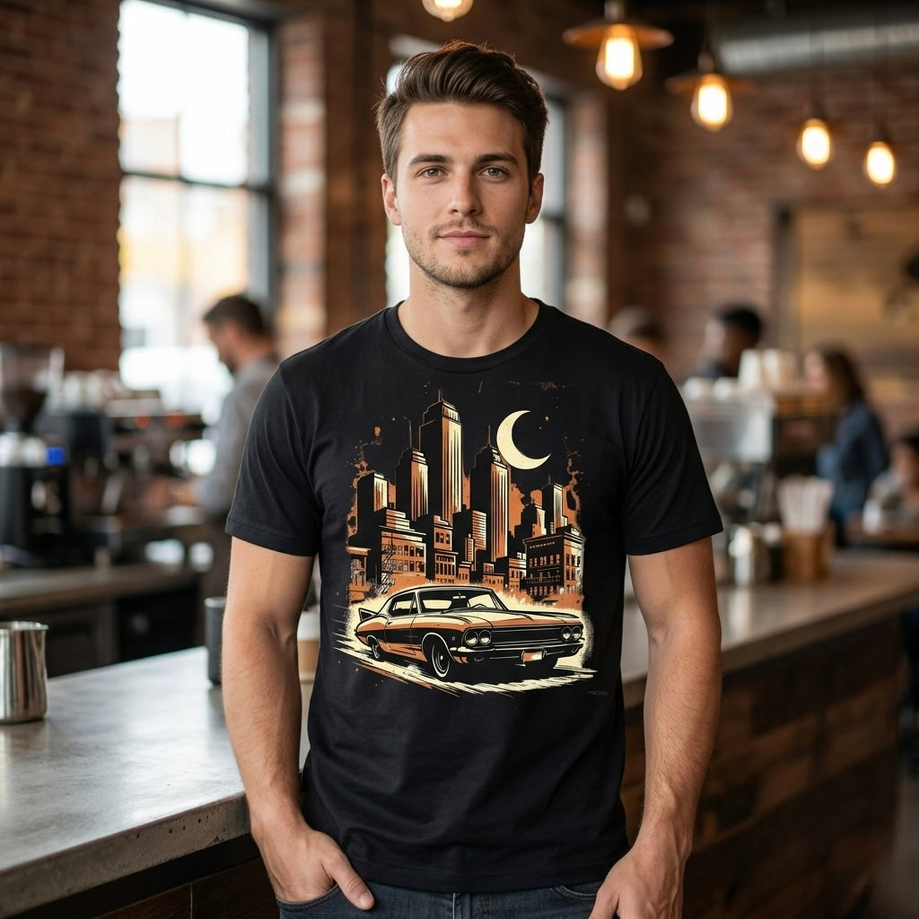 Vintage Muscle Car T-Shirt — Retro City Skyline Graphic Tee for Classic Car Lovers