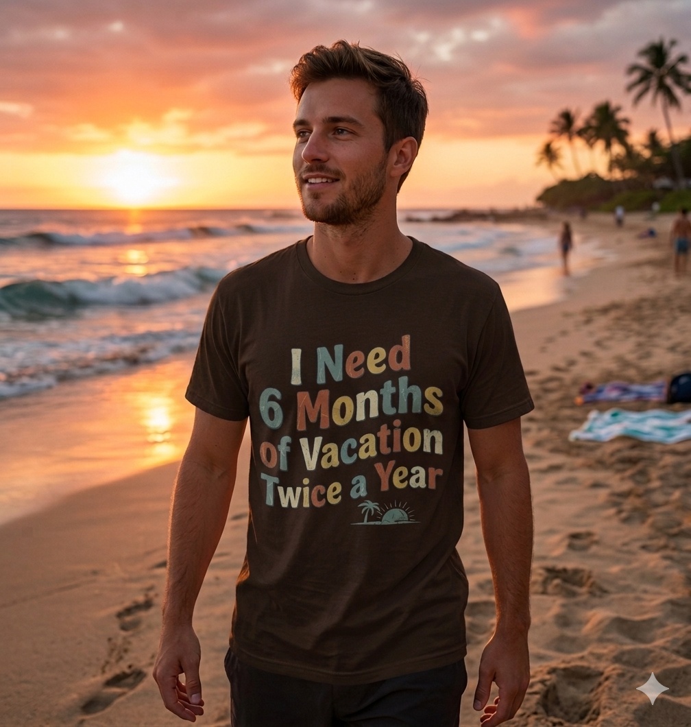Funny Travel T-Shirt — “I Need 6 Months of Vacation Twice a Year” Retro Burnout Tee