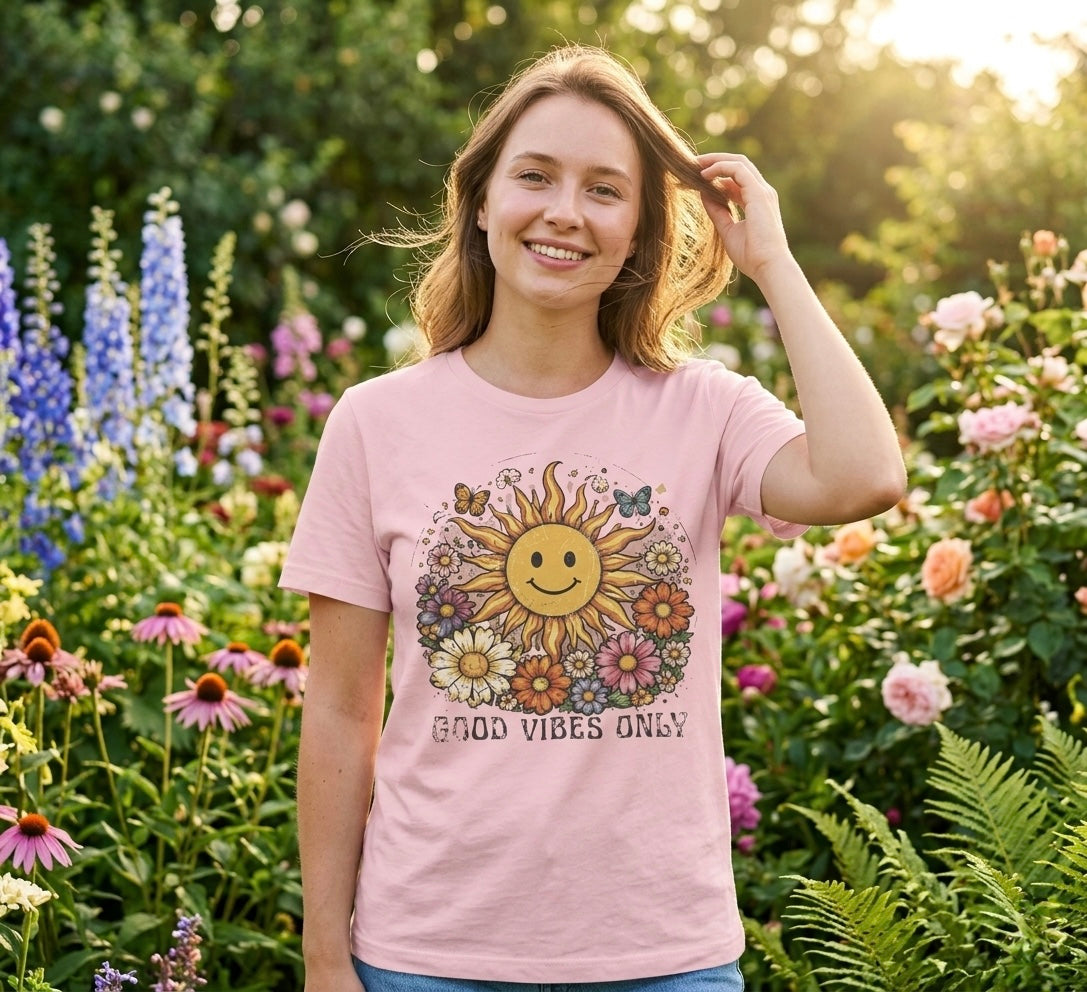 Good Vibes Only Sunflower Tee — Cute Retro Floral Graphic Shirt