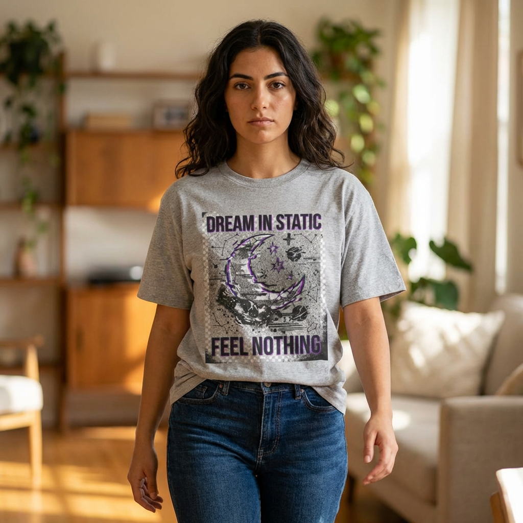 Dream in Static — Dark Aesthetic Graphic Tee (Grunge Moon, "Feel Nothing")