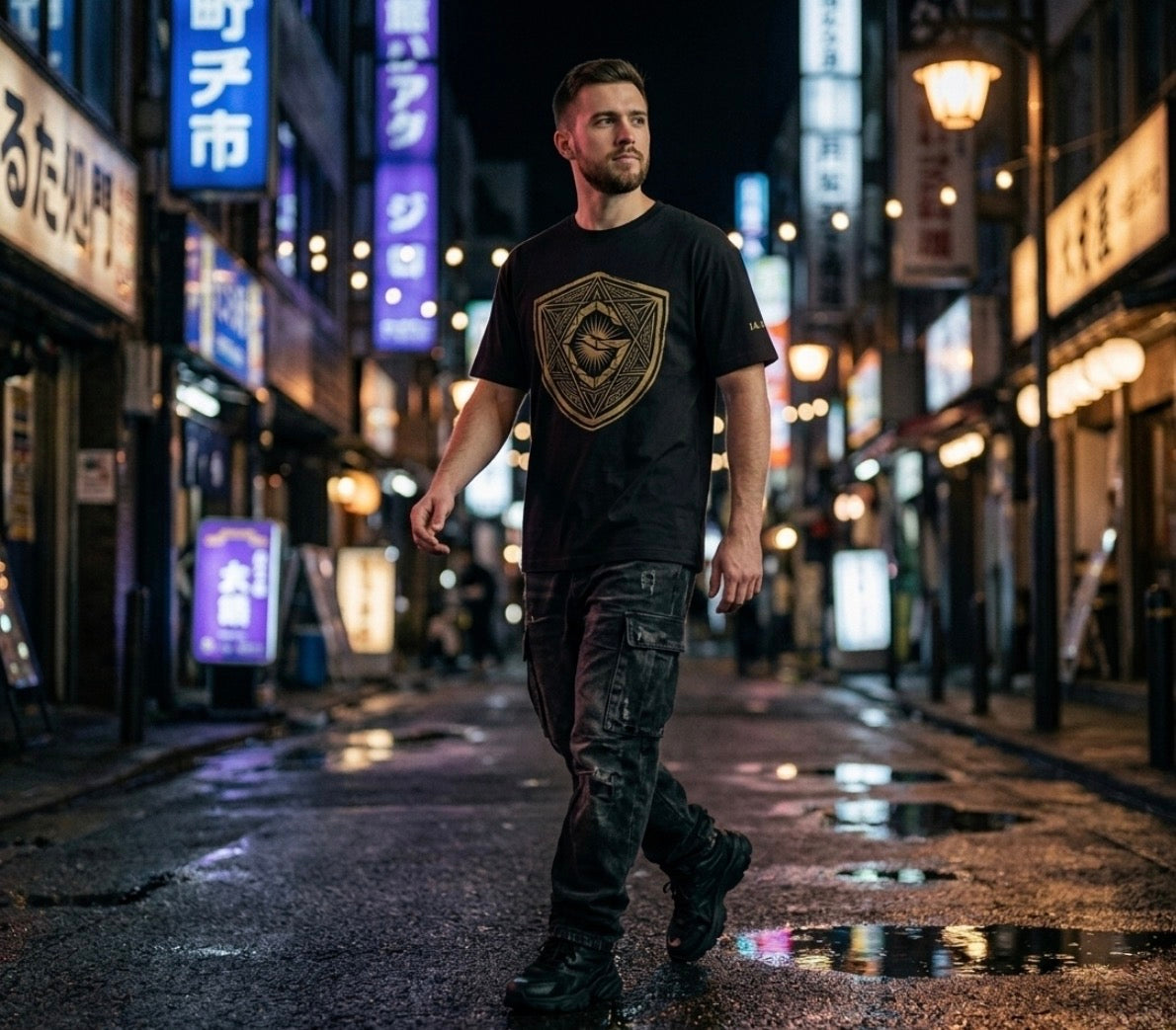 Mystic Golden Sigil Shield T-Shirt — Geometric Power Symbol Tee