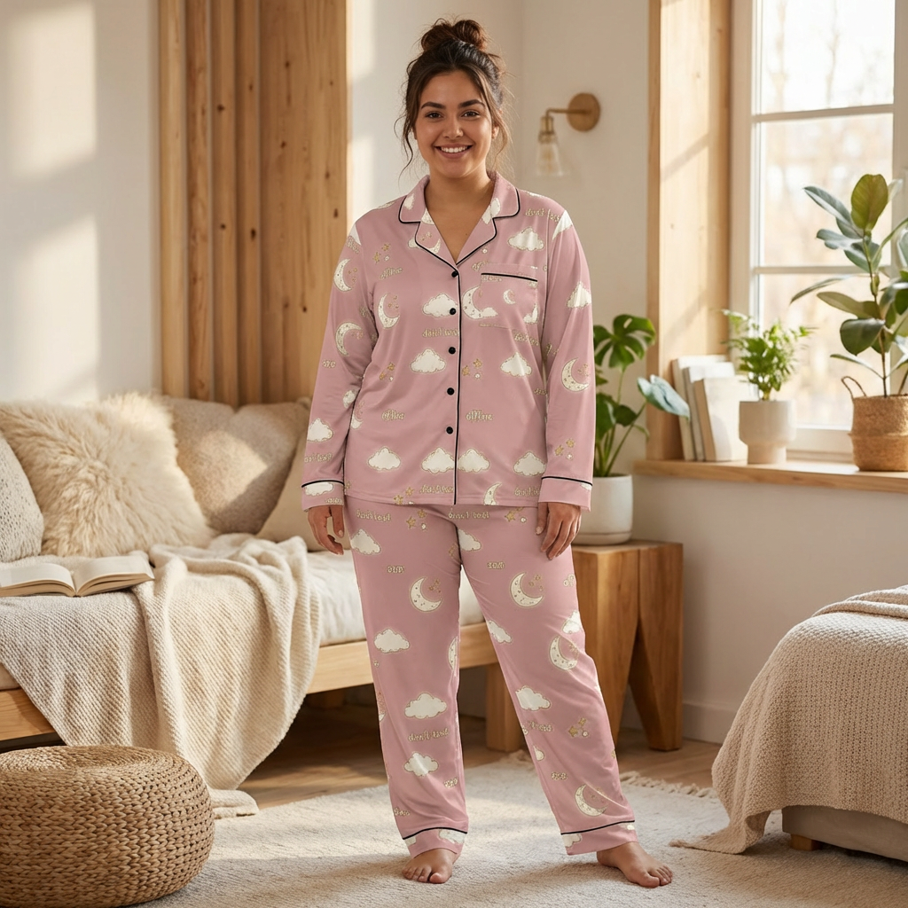 Dreamscape Satin Pajama Set — Blush Moon & Cloud Print Women's Pajamas