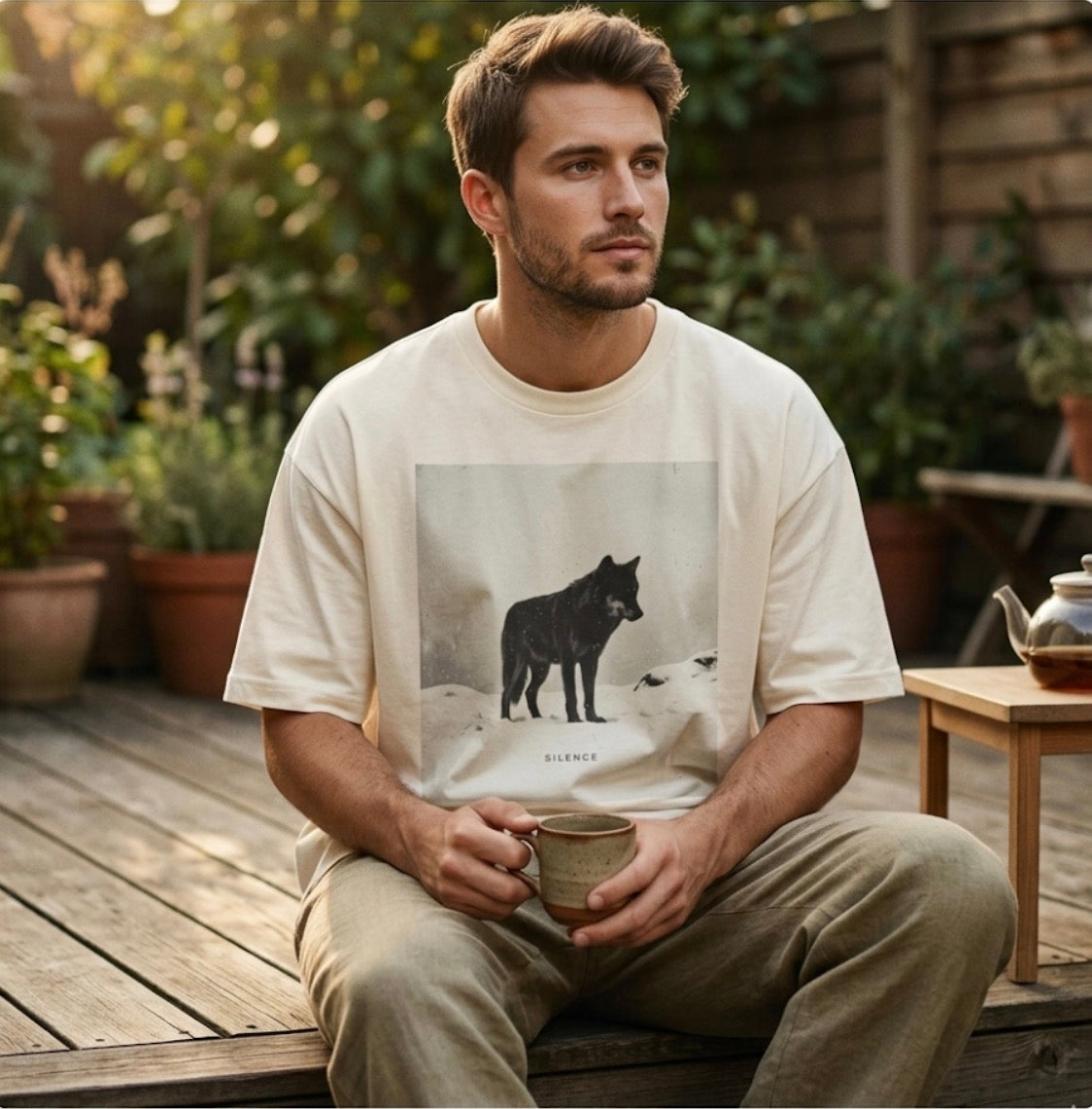 Silence” Minimal Wolf Graphic Tee – Oversized Boxy Natural Aesthetic T-Shirt