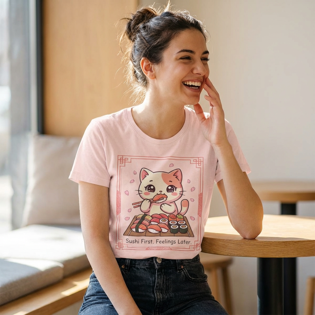 Sushi First, Feelings Later — Kawaii Cat Sushi T-Shirt