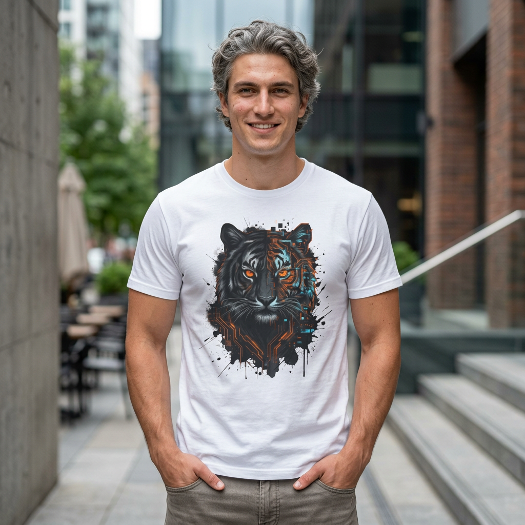 Cyberpunk Split Tiger Oversized T-Shirt — Primal Circuit Graphic Tee