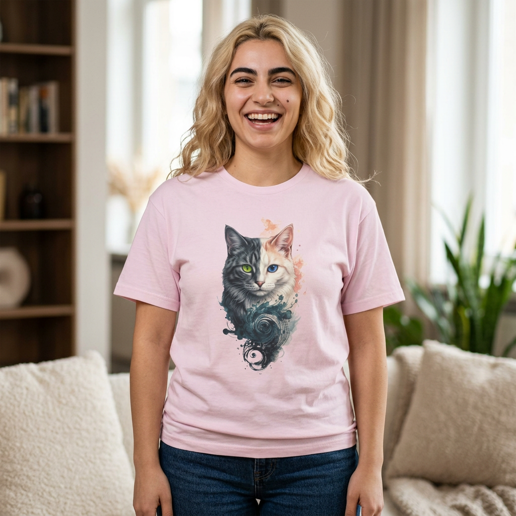 Yin Yang Cat Oversized Tee — Artistic Dual-Face Primal Circuit Design