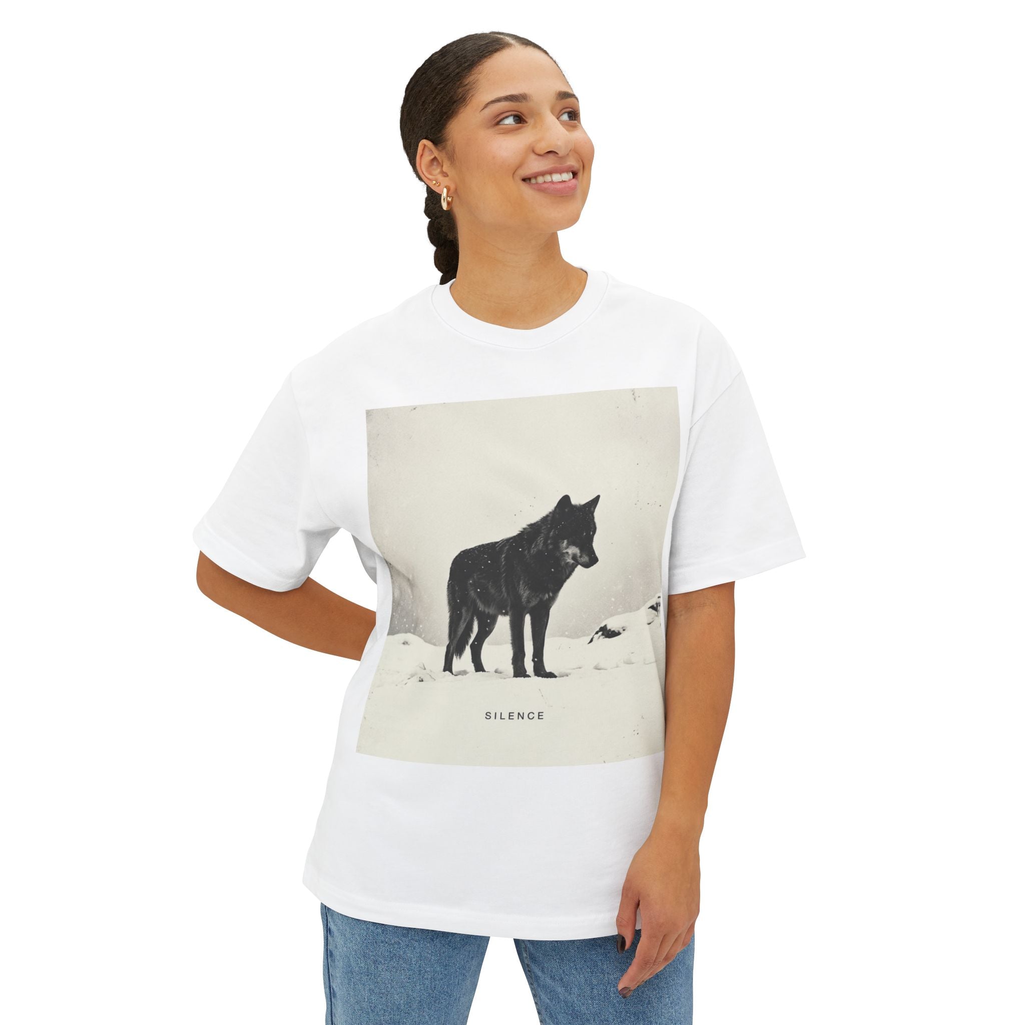 Silence” Minimal Wolf Graphic Tee – Oversized Boxy Natural Aesthetic T-Shirt