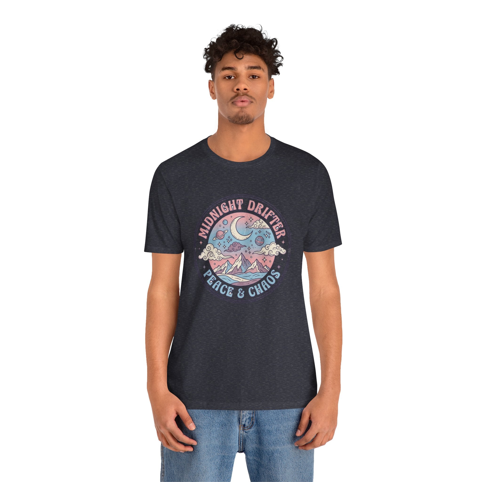 Midnight Drifter Tee — 'Peace & Chaos' Retro Moon & Mountain Graphic T-Shirt