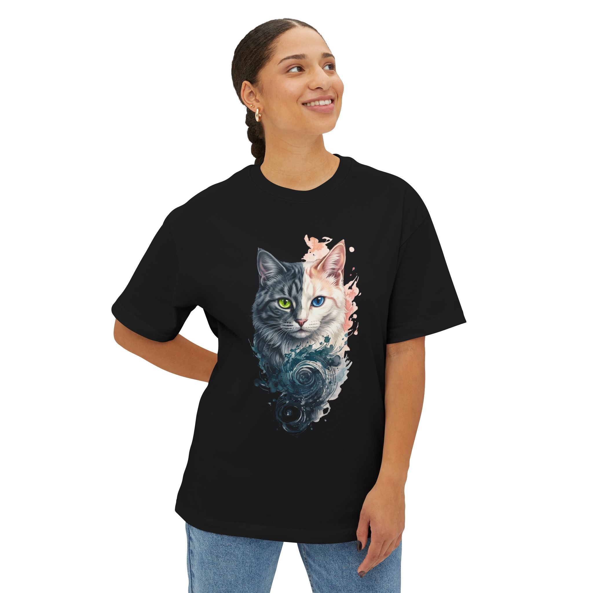 Yin Yang Cat Oversized Tee — Artistic Dual-Face Primal Circuit Design