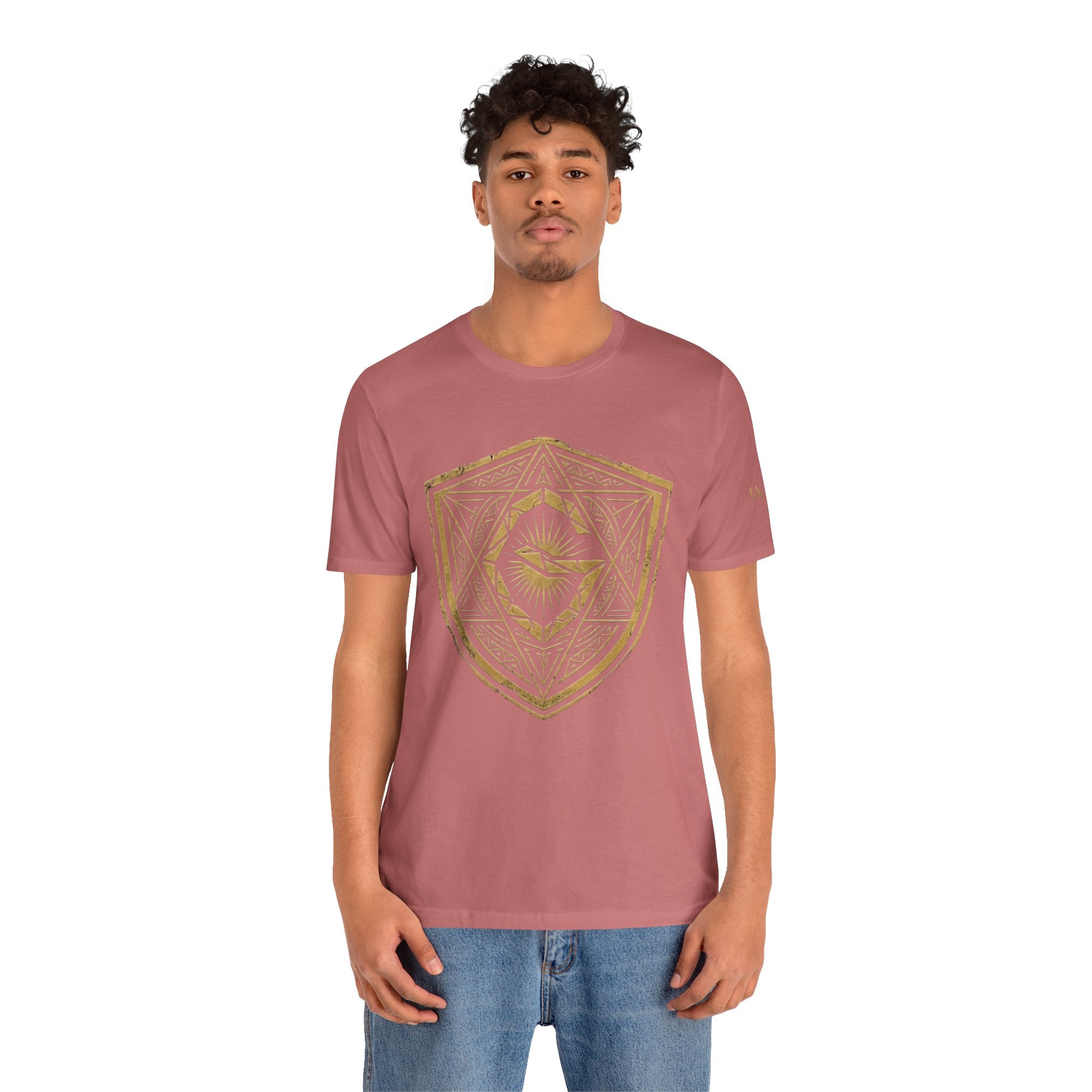 Mystic Golden Sigil Shield T-Shirt — Geometric Power Symbol Tee