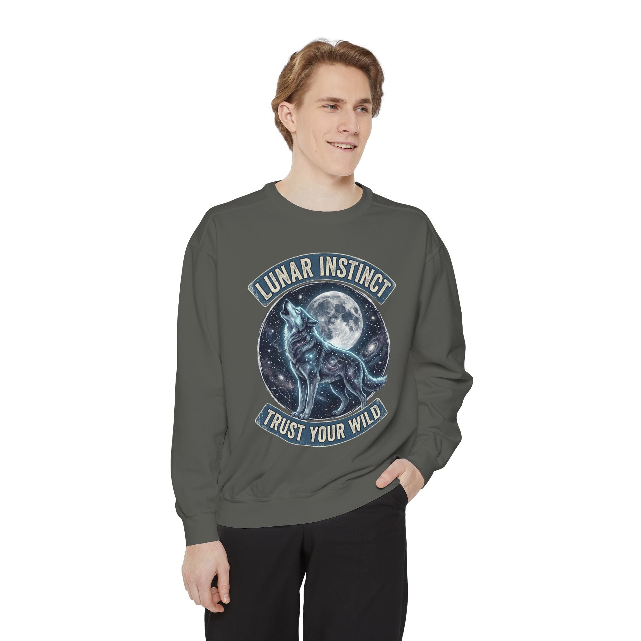 Lunar Instinct Wolf Sweatshirt — "Trust Your Wild" Moon Wolf Crewneck