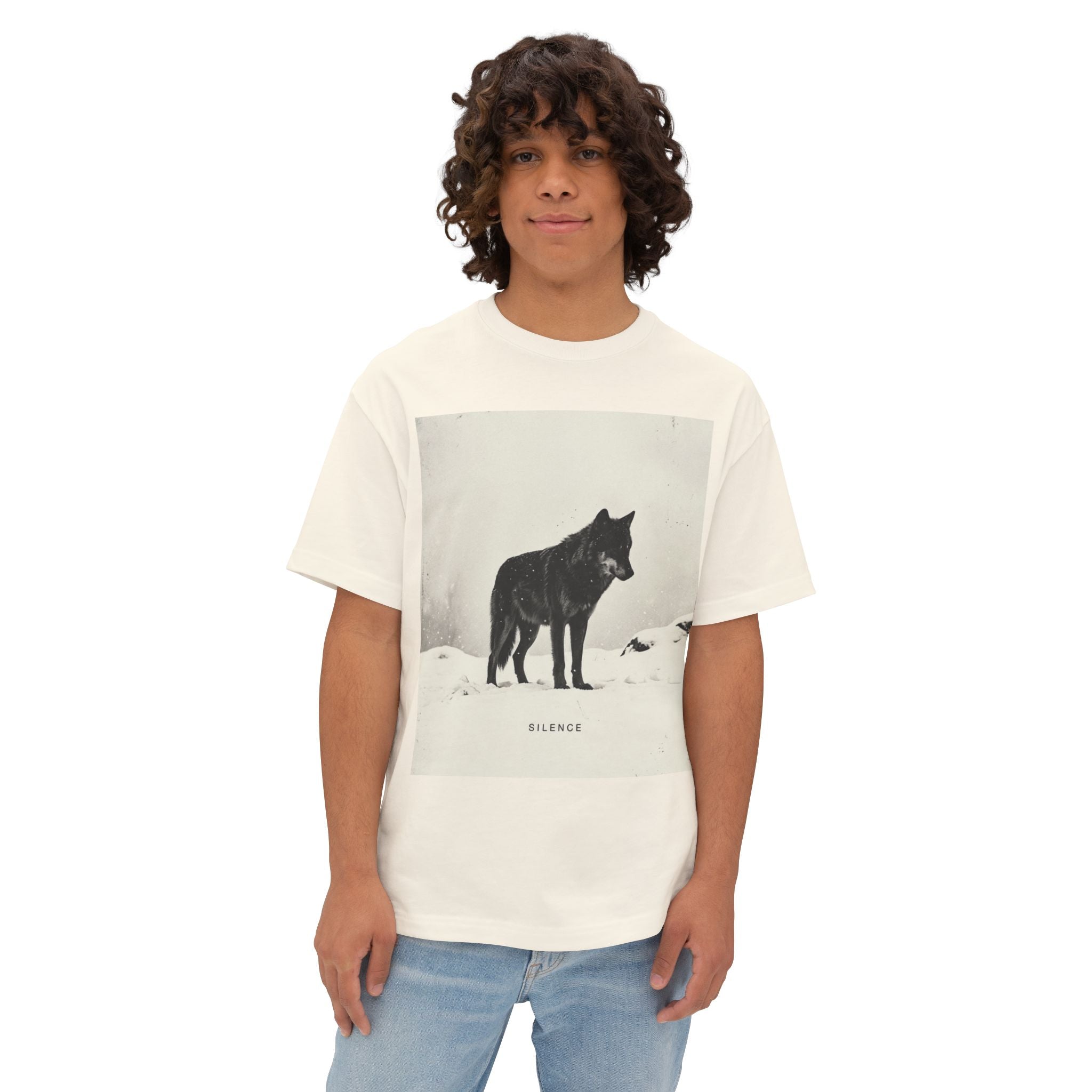 Silence” Minimal Wolf Graphic Tee – Oversized Boxy Natural Aesthetic T-Shirt
